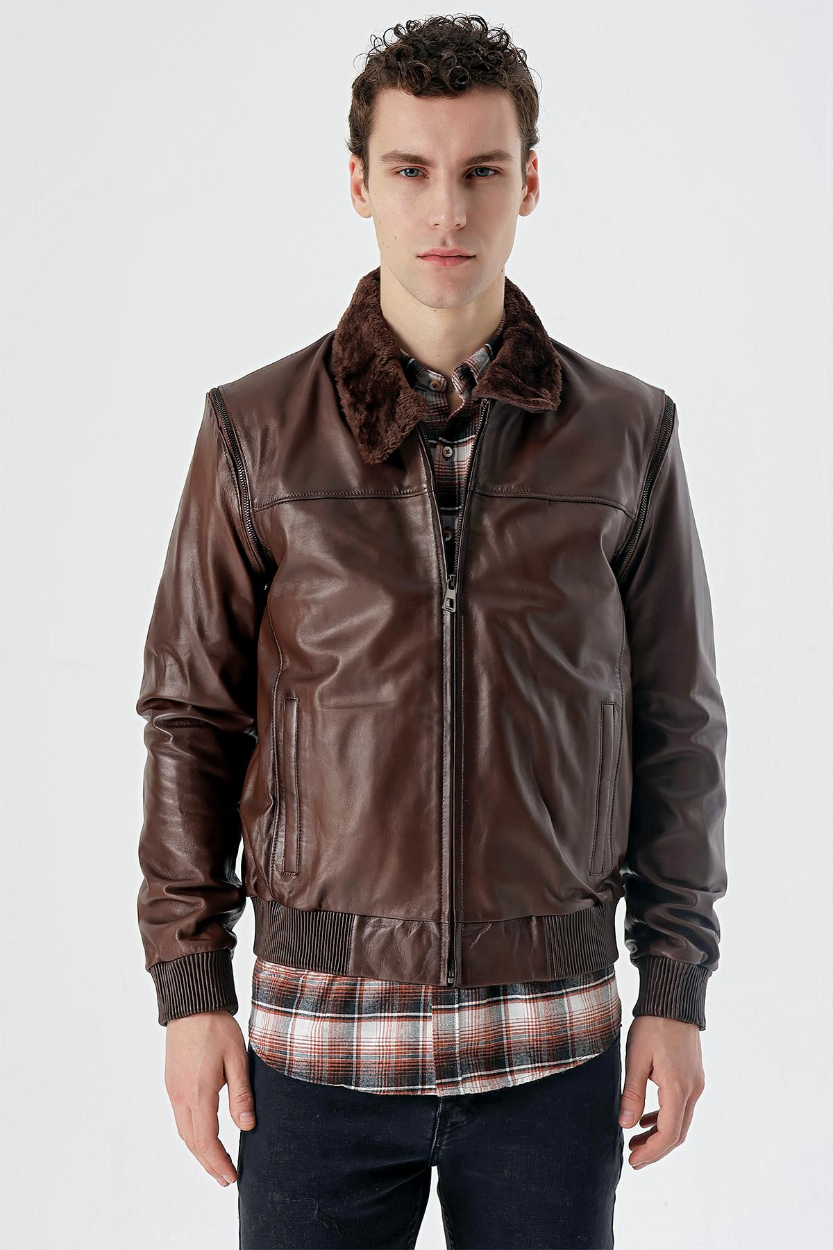 Kahverengi Gömlek Yaka Hakiki Deri Comfort Fit Rahat Kesim Casual Mont 1038235208