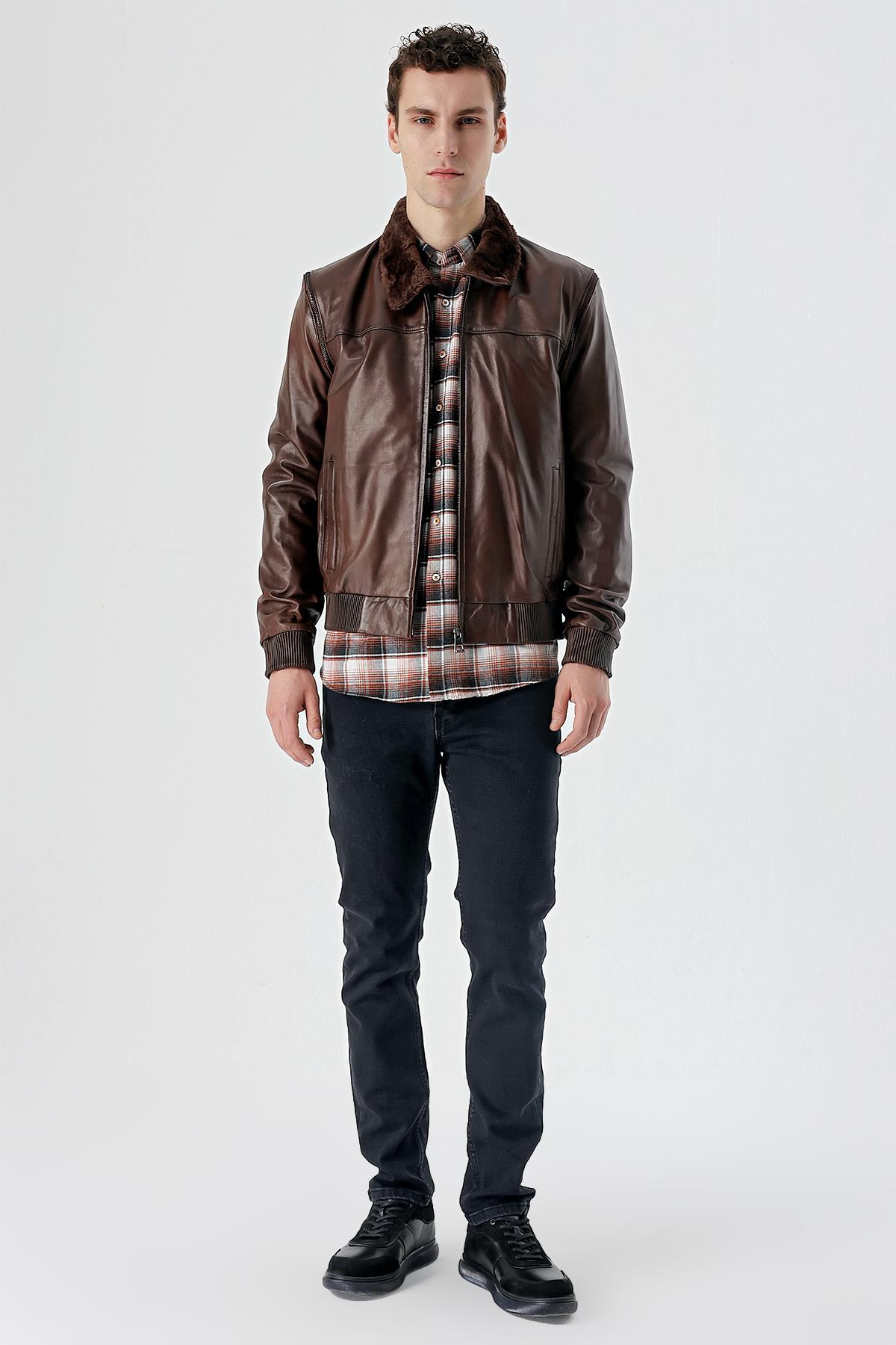 Kahverengi Gömlek Yaka Hakiki Deri Comfort Fit Rahat Kesim Casual Mont 1038235208