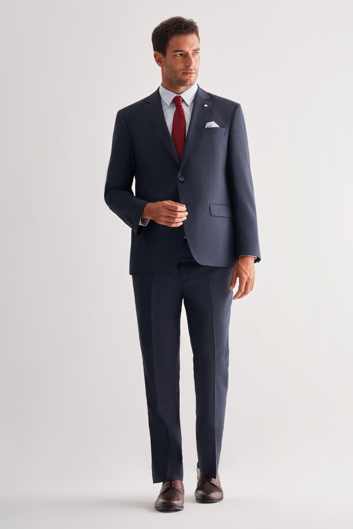 Lacivert Mono Yaka Çizgili 4 Drop Comfort Fit Tam Astar Esnek Takım Elbise 1001255121