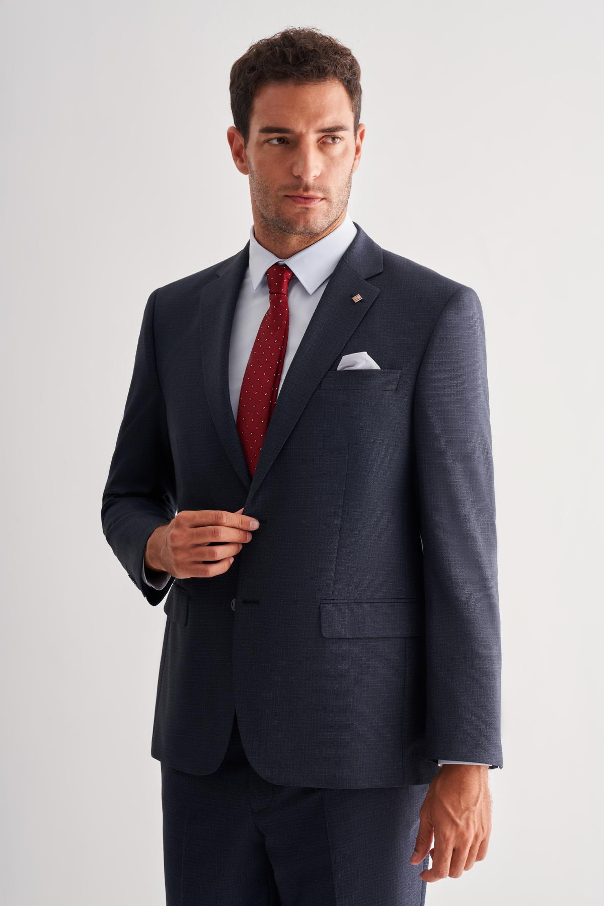 Lacivert Mono Yaka Çizgili 4 Drop Comfort Fit Tam Astar Esnek Takım Elbise 1001255121