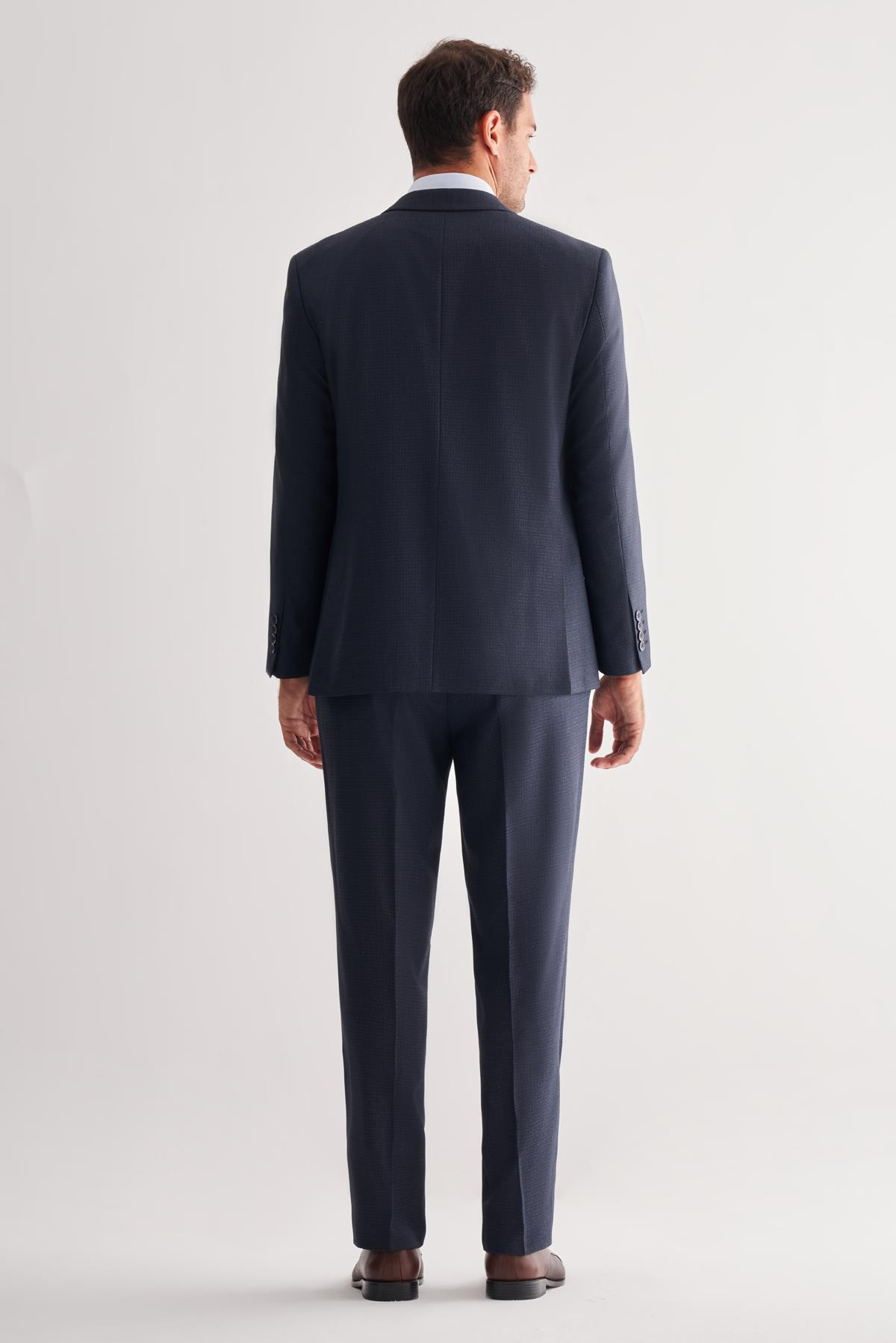 Lacivert Mono Yaka Çizgili 4 Drop Comfort Fit Tam Astar Esnek Takım Elbise 1001255121