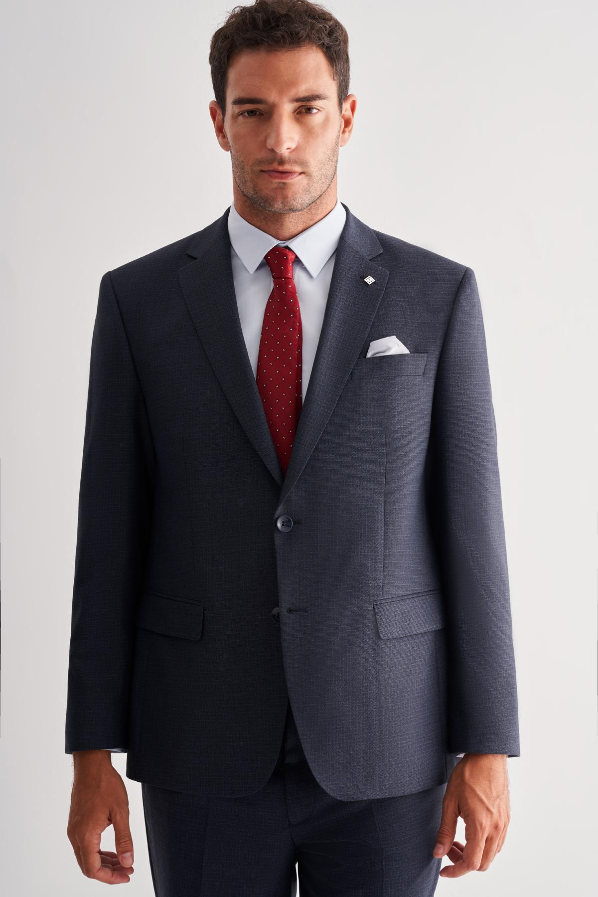 Lacivert Mono Yaka Çizgili 4 Drop Comfort Fit Tam Astar Esnek Takım Elbise 1001255121