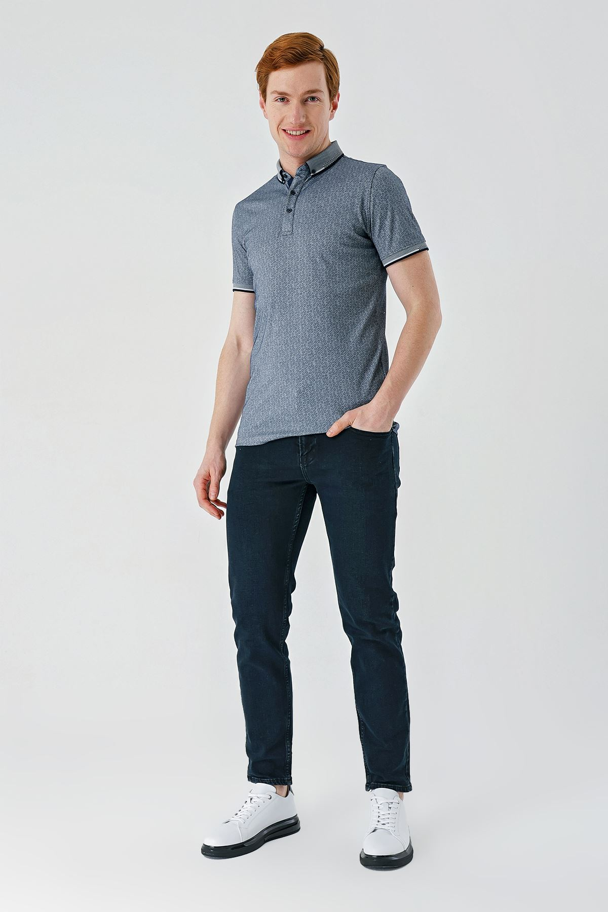 Lacivert Baskılı Oxford Düğmeli Yaka Cepli Pamuklu Casual Slim Fit Dar Kesim Tişört 1011240177