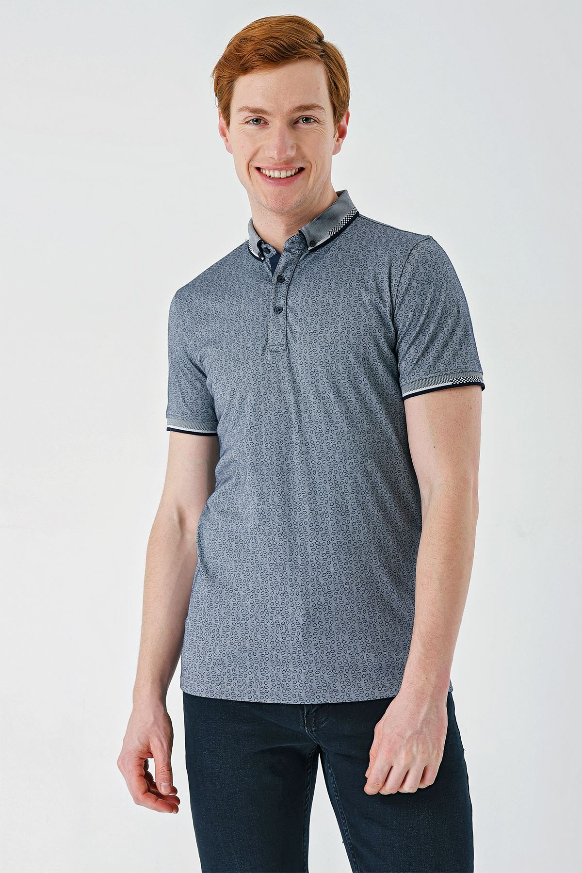 Lacivert Baskılı Oxford Düğmeli Yaka Cepli Pamuklu Casual Slim Fit Dar Kesim Tişört 1011240177