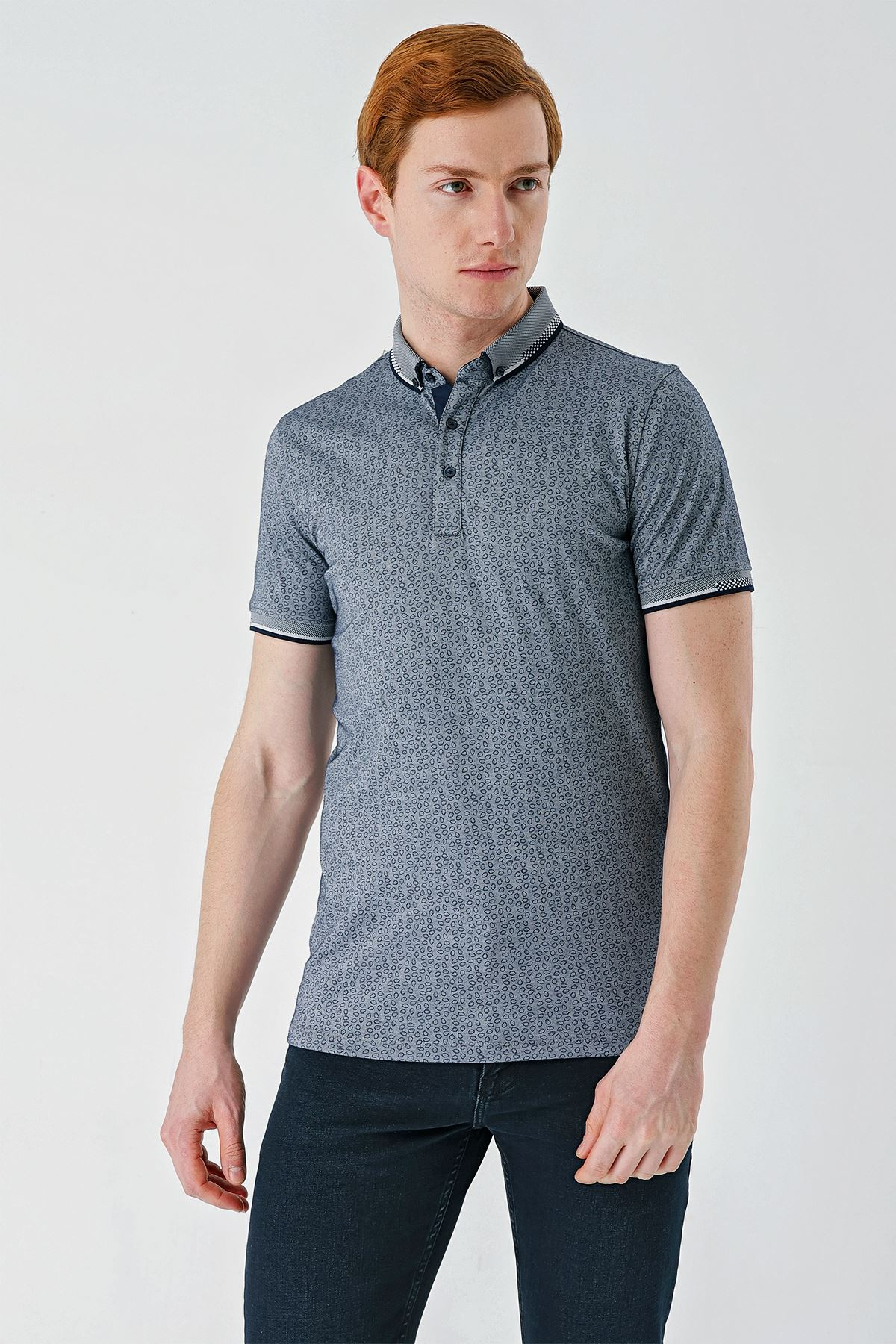 Lacivert Baskılı Oxford Düğmeli Yaka Cepli Pamuklu Casual Slim Fit Dar Kesim Tişört 1011240177