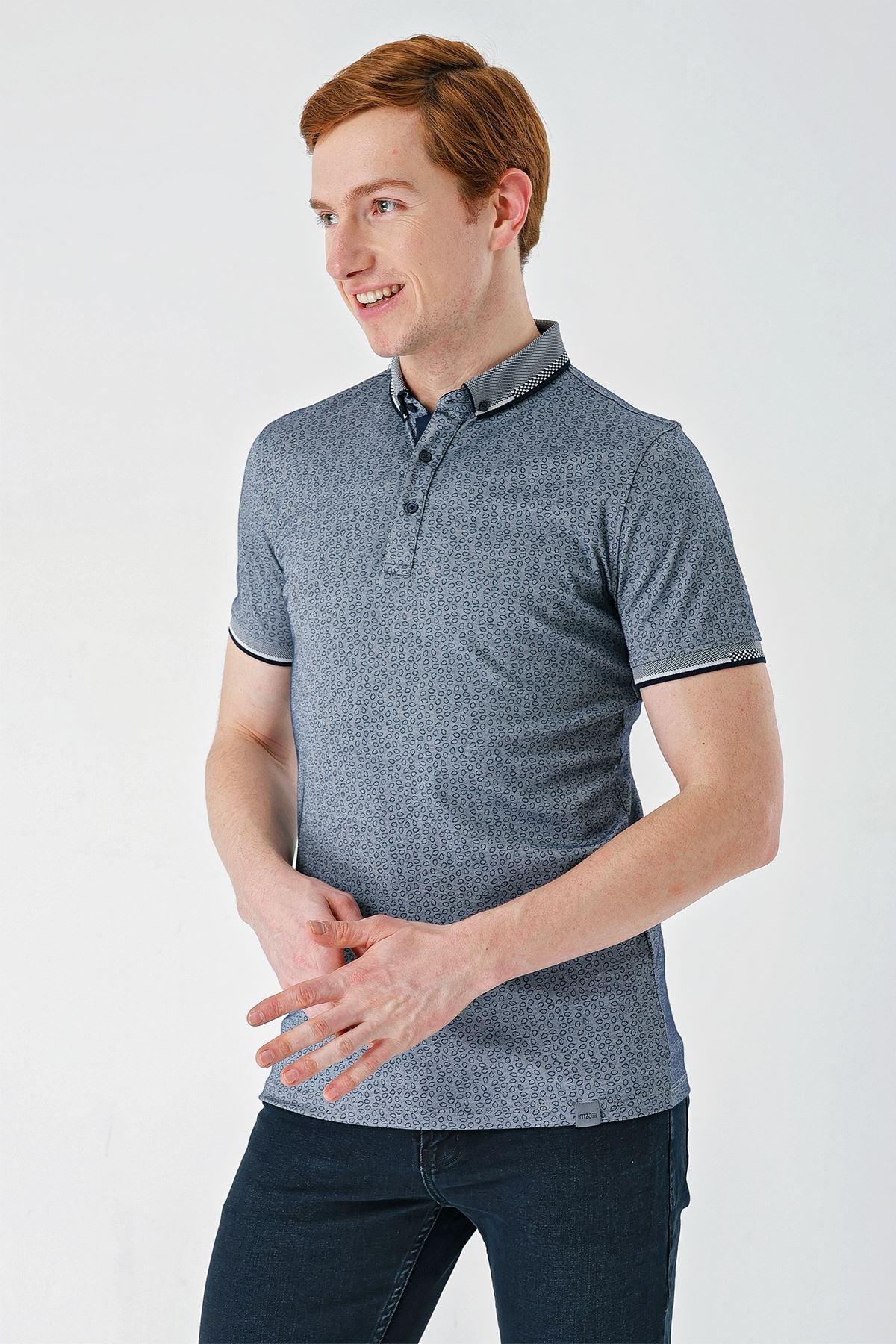 Lacivert Baskılı Oxford Düğmeli Yaka Cepli Pamuklu Casual Slim Fit Dar Kesim Tişört 1011240177