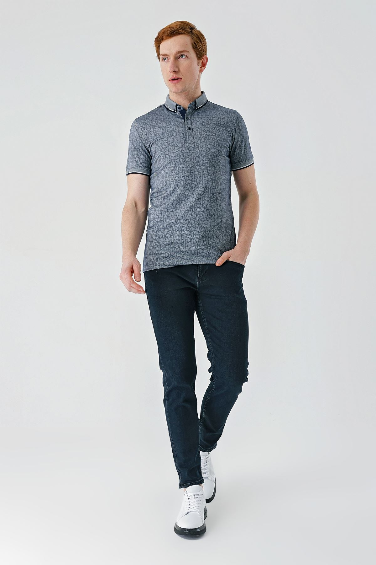 Lacivert Baskılı Oxford Düğmeli Yaka Cepli Pamuklu Casual Slim Fit Dar Kesim Tişört 1011240177
