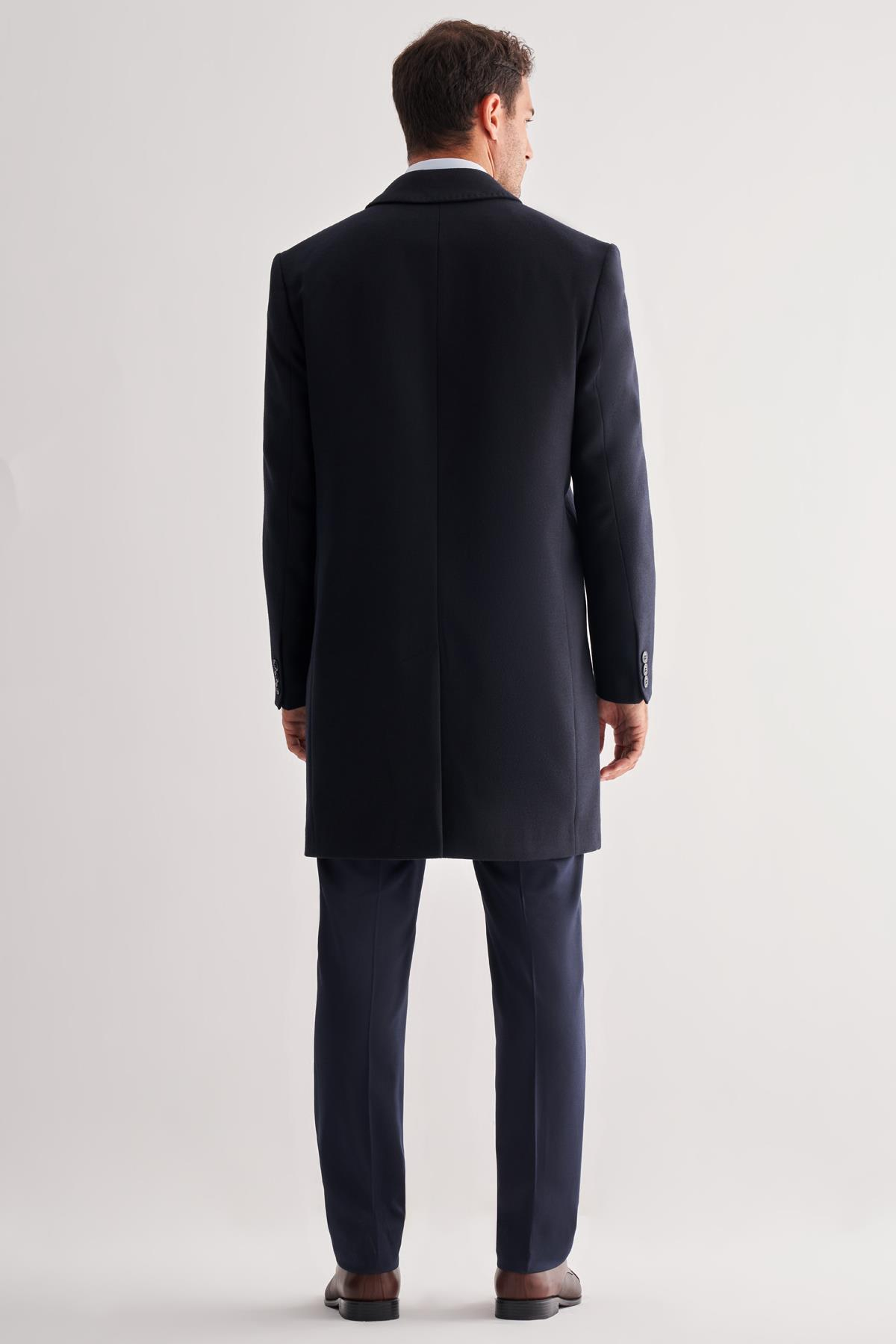 Lacivert Berberi Yaka Tam Astar Classic Comfort Fit Esnek Kaşe Palto 1005255152