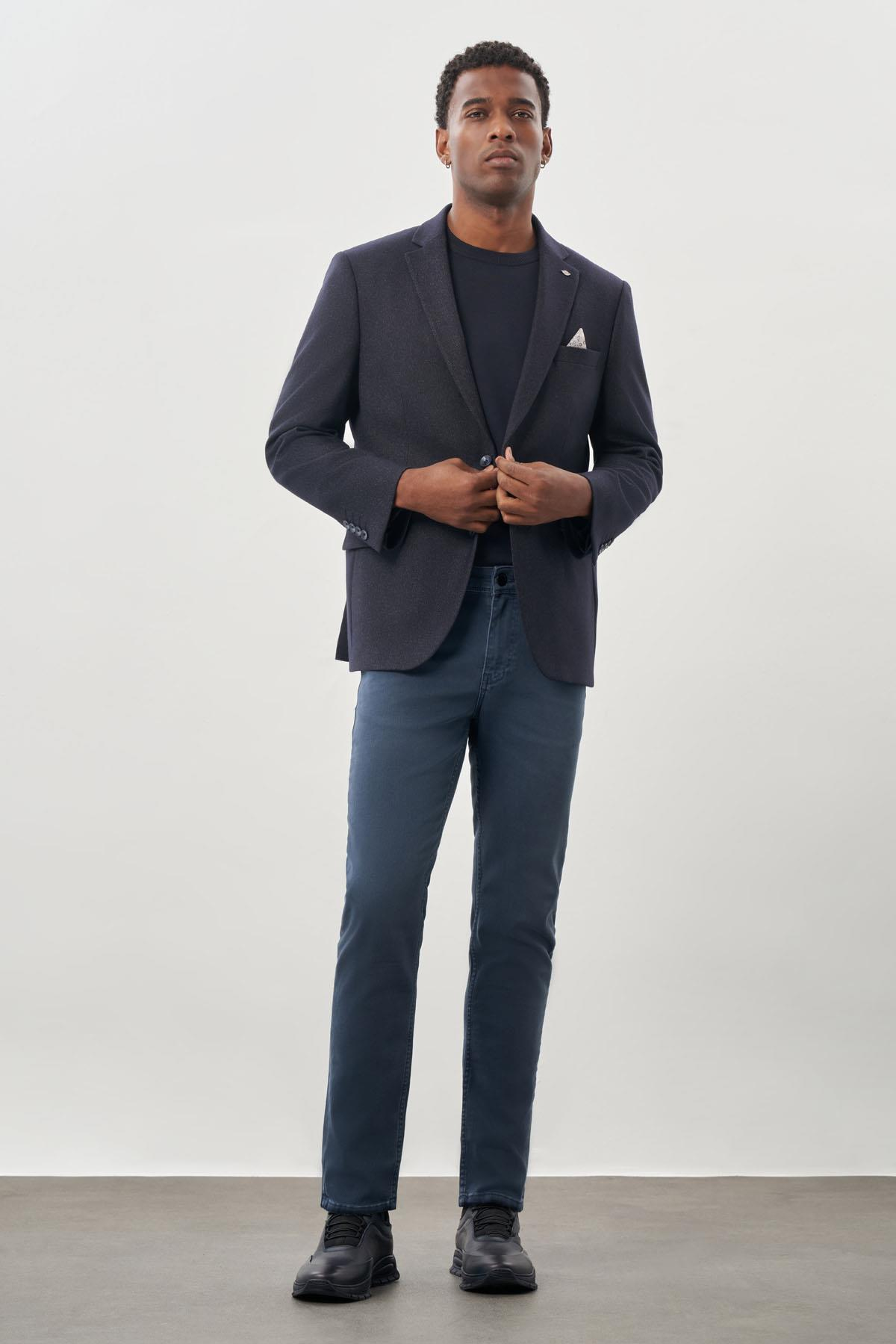 Lacivert Düz Gabardin Mono Yaka 2 Düğme Esnek 6 Drop Comfort Fit Casual Ceket 1002245165