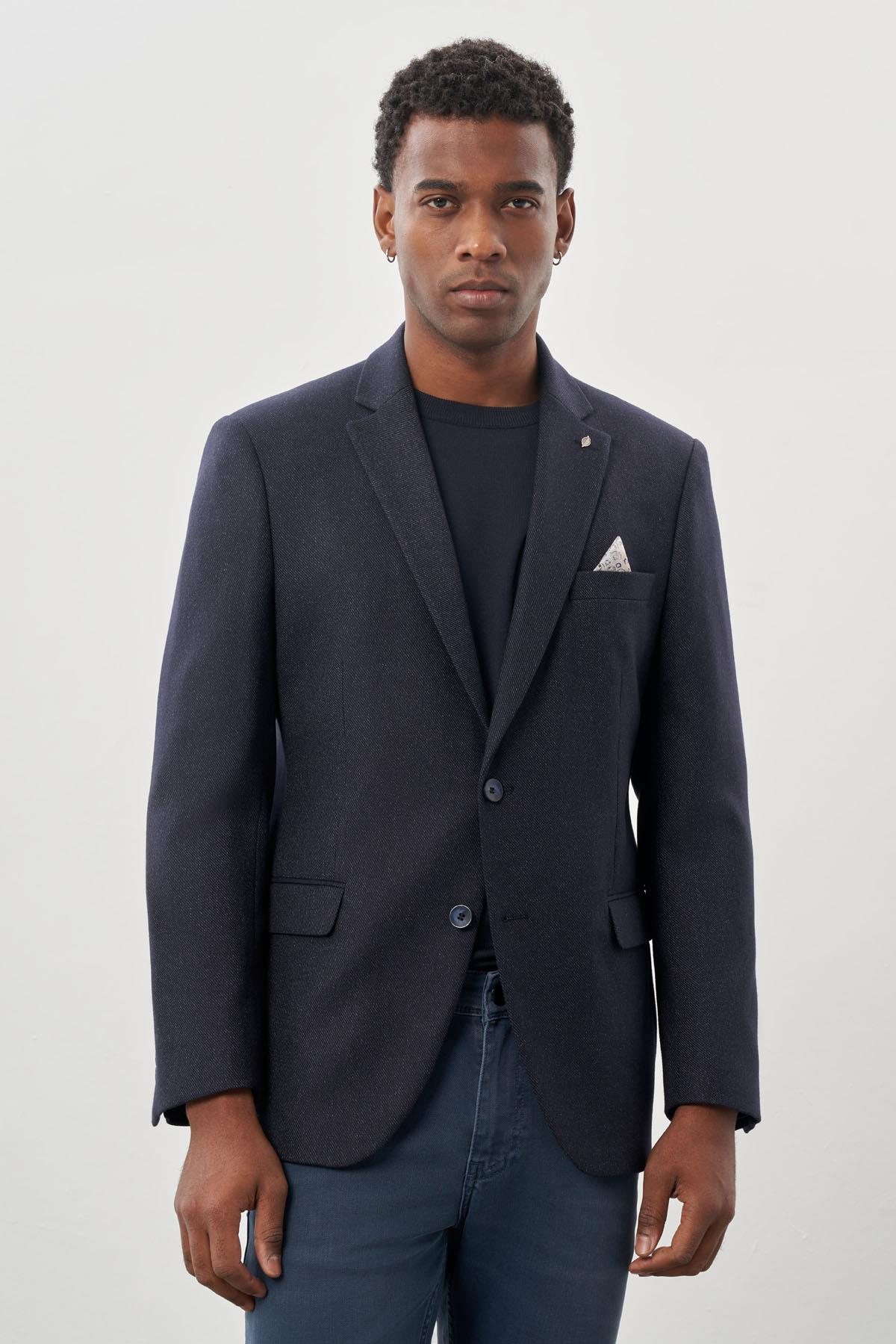 Lacivert Düz Gabardin Mono Yaka 2 Düğme Esnek 6 Drop Comfort Fit Casual Ceket 1002245165