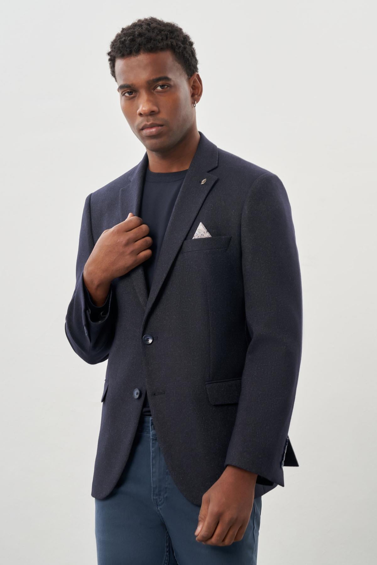 Lacivert Düz Gabardin Mono Yaka 2 Düğme Esnek 6 Drop Comfort Fit Casual Ceket 1002245165