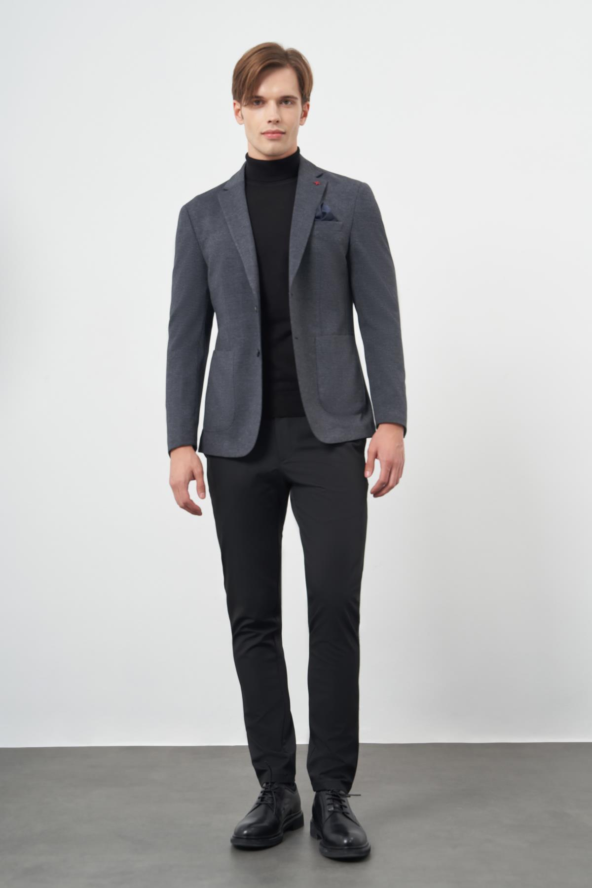 Lacivert Örme Mono Yaka 6 Drop Slim Fit Ceket 1002245152