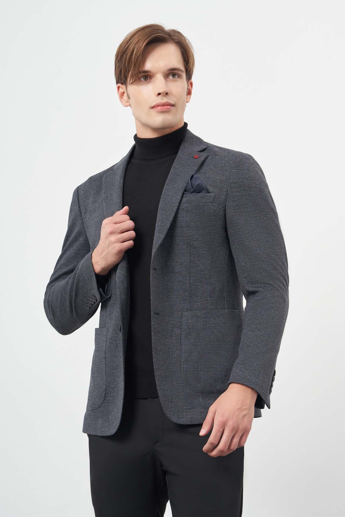 Lacivert Örme Mono Yaka 6 Drop Slim Fit Ceket 1002245152