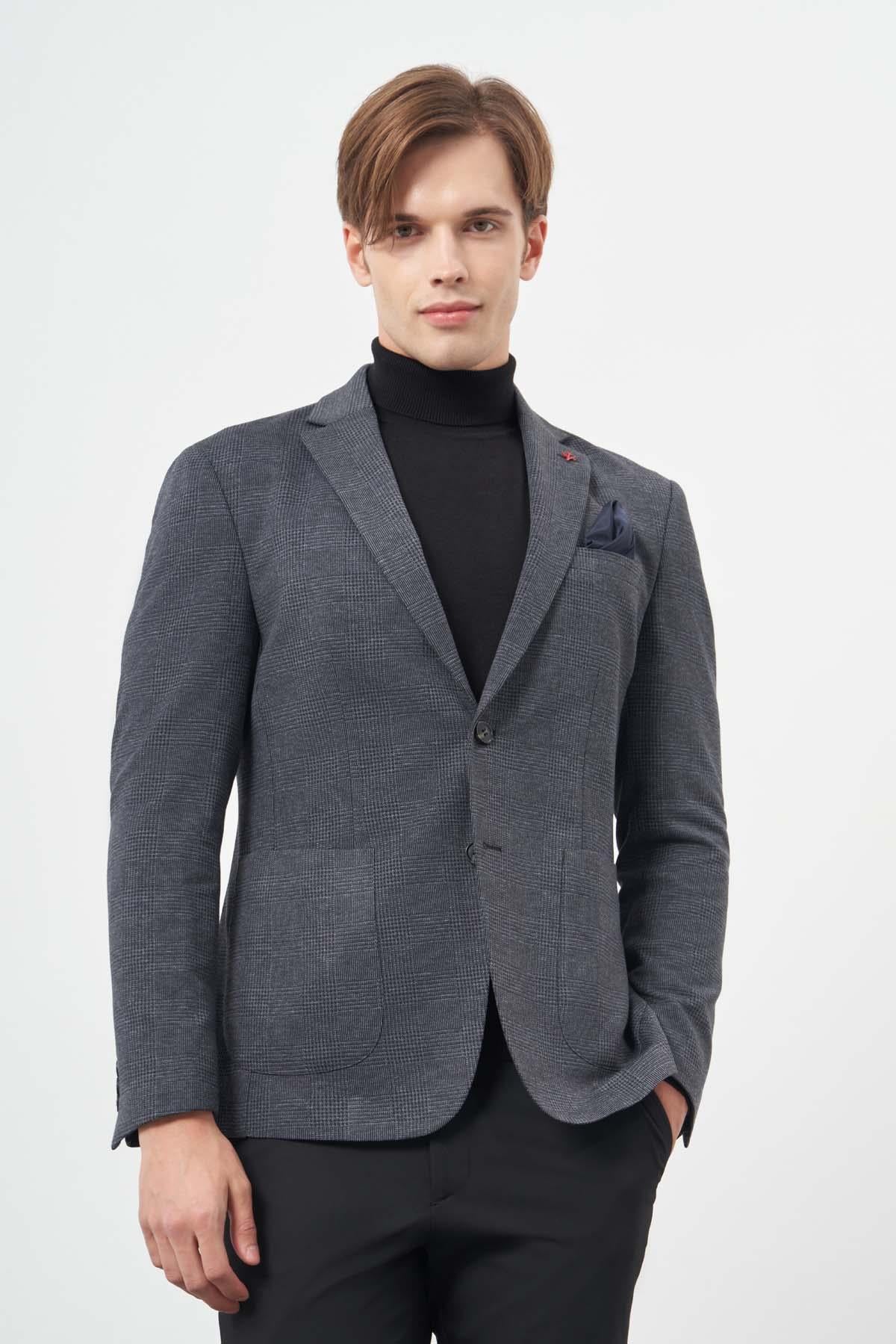 Lacivert Örme Mono Yaka 6 Drop Slim Fit Ceket 1002245152