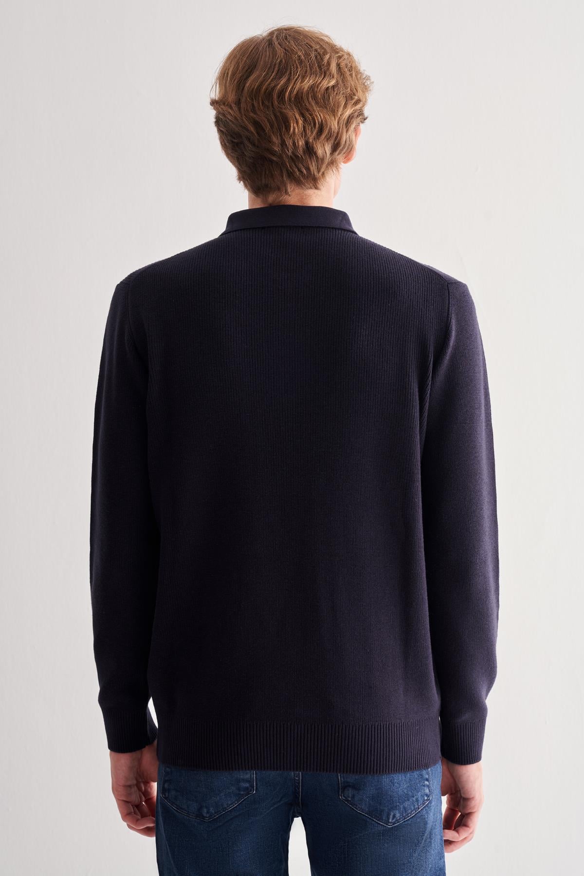 Lacivert Fermuarlı Polo Yaka Uzun Kol Cepsiz Comfort Fit Casual Pamuklu Triko Kazak 1012255202