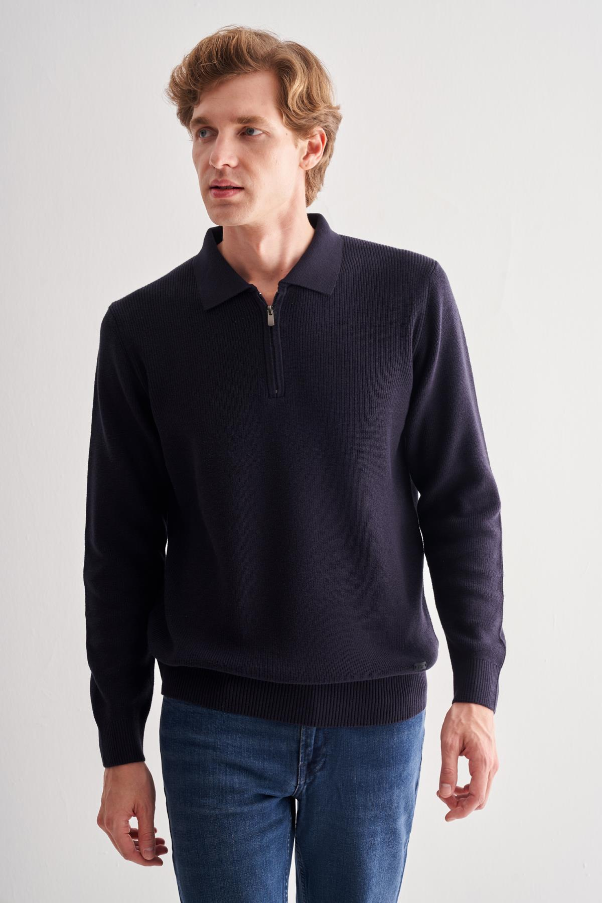Lacivert Fermuarlı Polo Yaka Uzun Kol Cepsiz Comfort Fit Casual Pamuklu Triko Kazak 1012255202