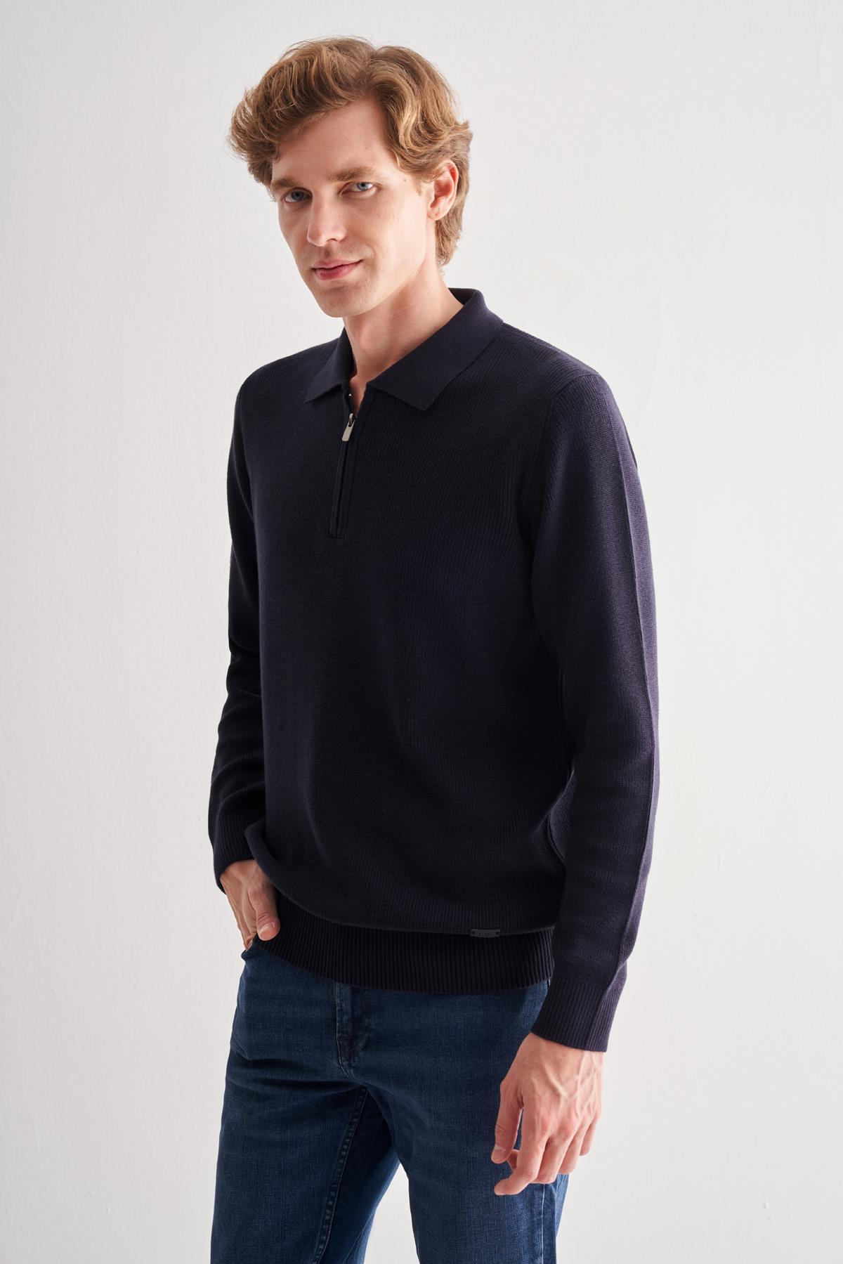 Lacivert Fermuarlı Polo Yaka Uzun Kol Cepsiz Comfort Fit Casual Pamuklu Triko Kazak 1012255202