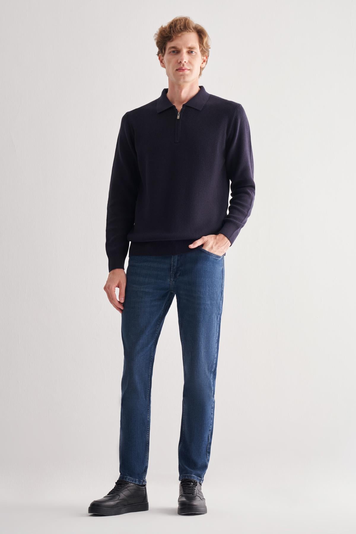 Lacivert Fermuarlı Polo Yaka Uzun Kol Cepsiz Comfort Fit Casual Pamuklu Triko Kazak 1012255202