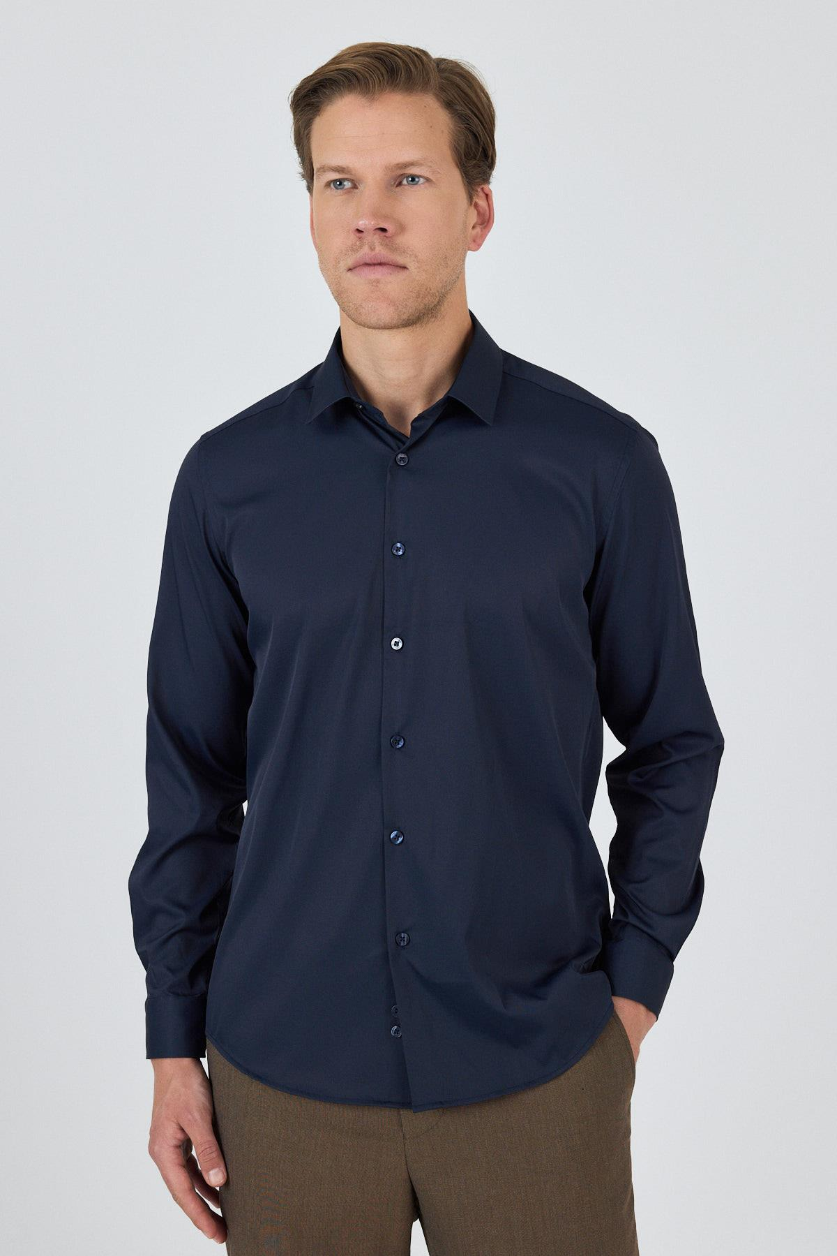 Lacivert Sert Yaka Cepsiz Gabardin Uzun Kol Slim Fit Esnek Gömlek 1004250234