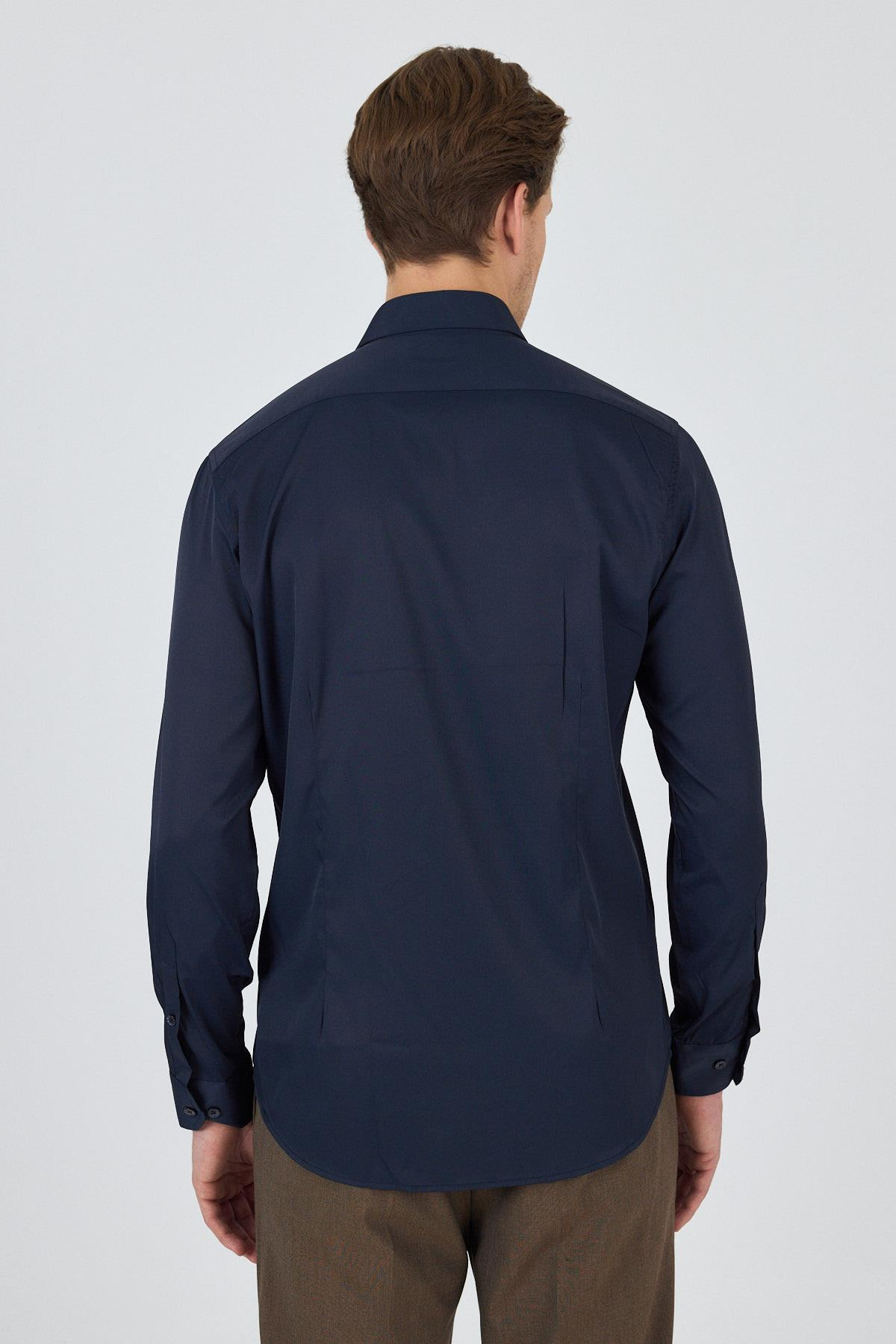 Lacivert Sert Yaka Cepsiz Gabardin Uzun Kol Slim Fit Esnek Gömlek 1004250234