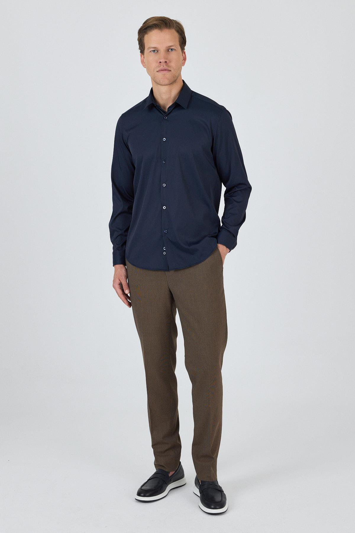 Lacivert Sert Yaka Cepsiz Gabardin Uzun Kol Slim Fit Esnek Gömlek 1004250234