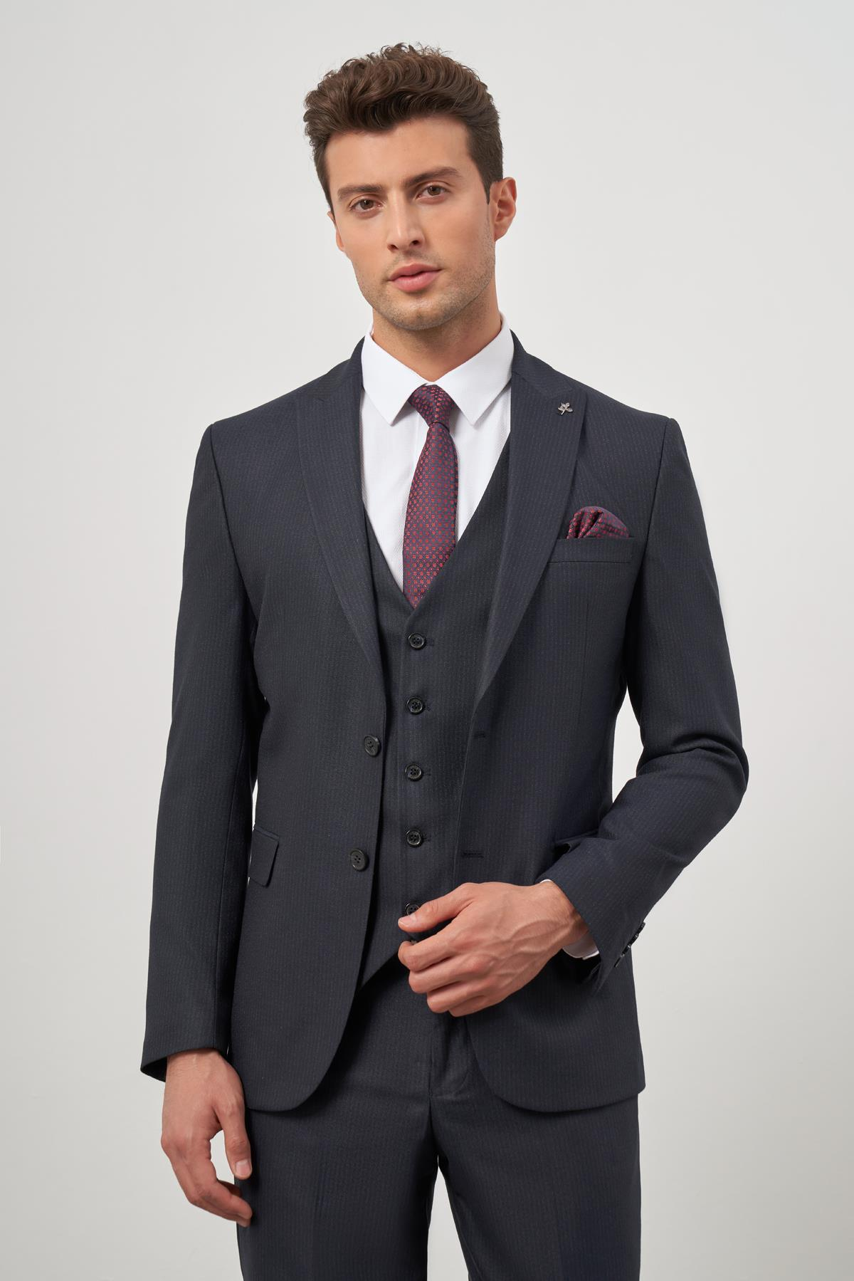 Lacivert Kırlangıç Yaka Çizgili Yelekli 6 Drop Slim Fit Tam Astar Yünlü Takım Elbise 1001245153