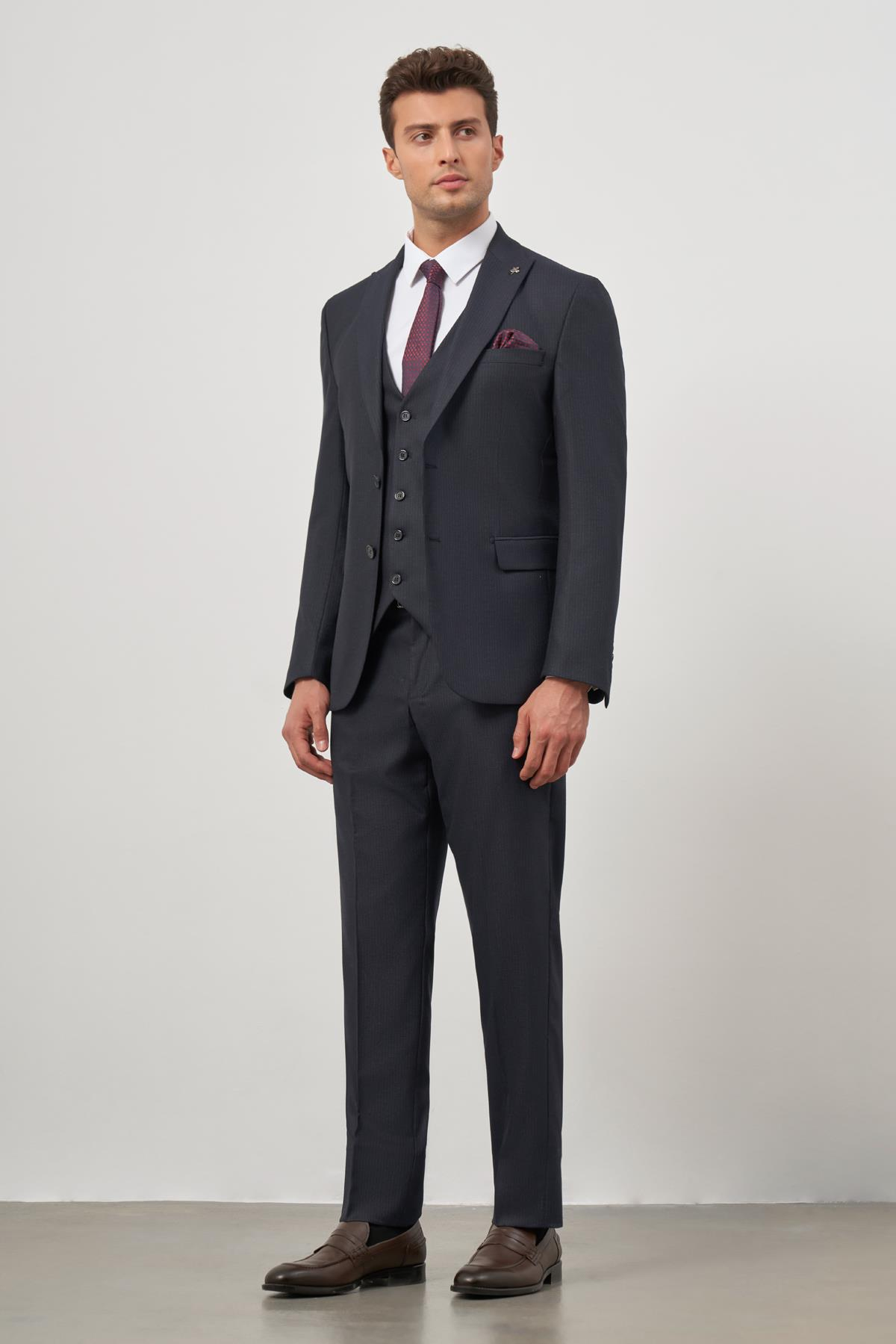 Lacivert Kırlangıç Yaka Çizgili Yelekli 6 Drop Slim Fit Tam Astar Yünlü Takım Elbise 1001245153