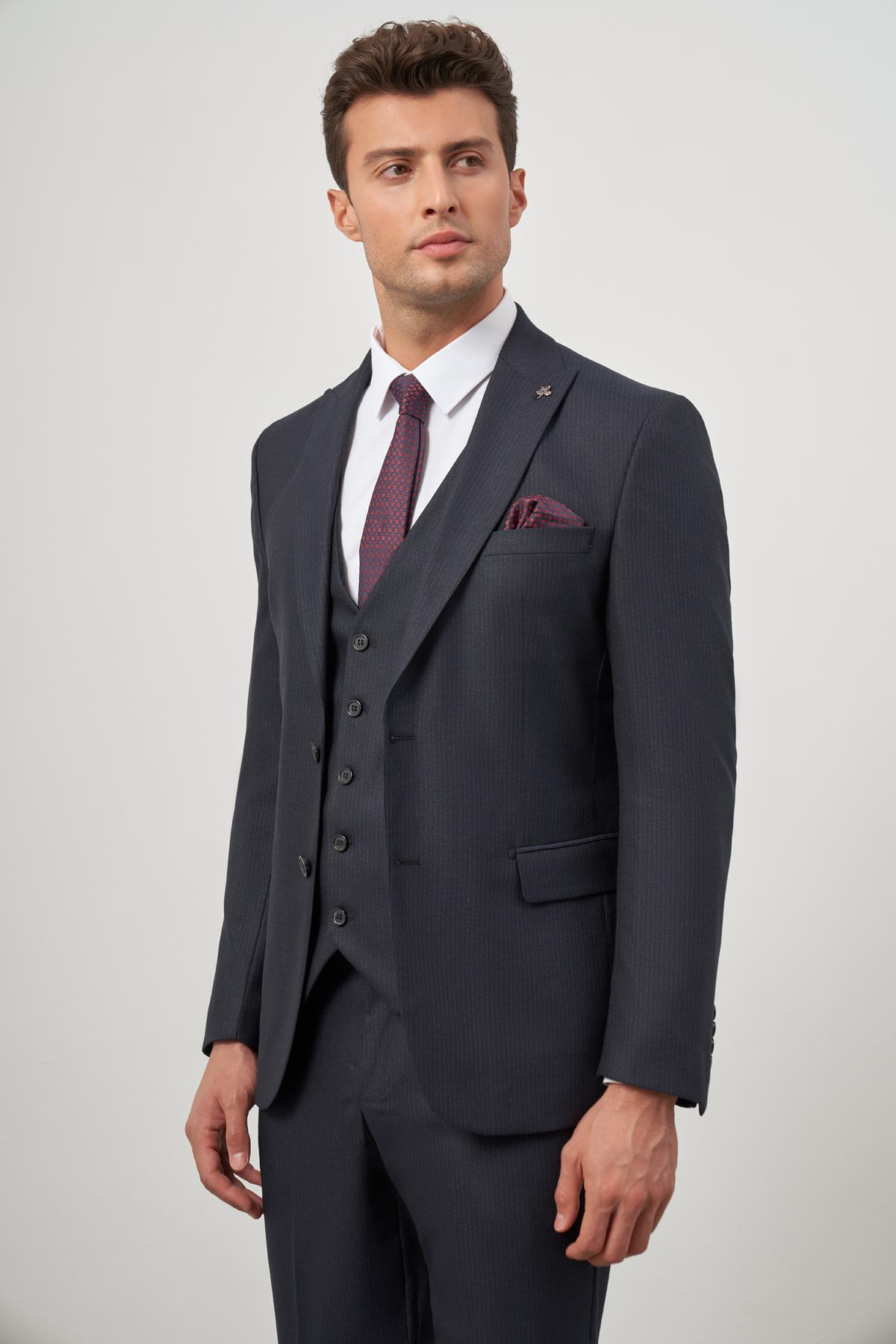 Lacivert Kırlangıç Yaka Çizgili Yelekli 6 Drop Slim Fit Tam Astar Yünlü Takım Elbise 1001245153