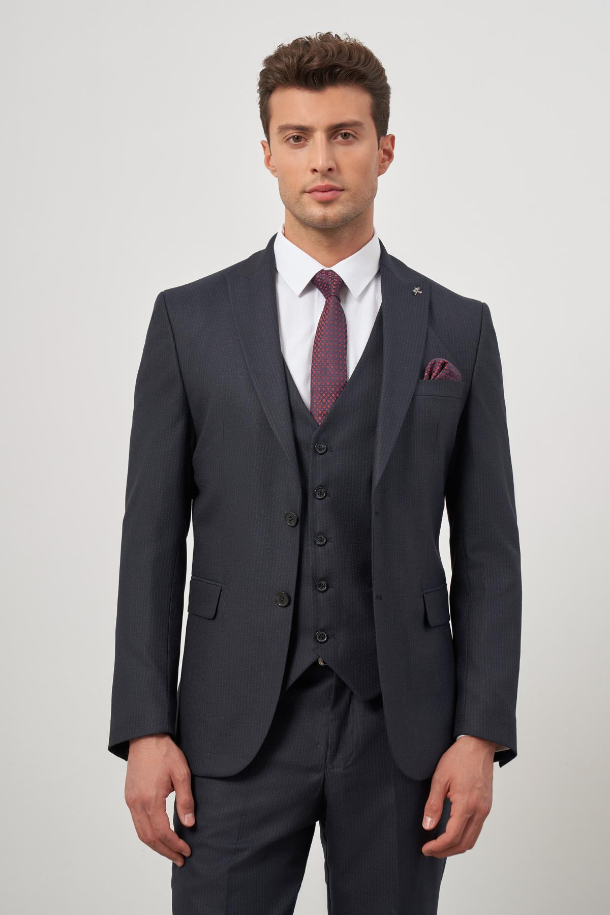 Lacivert Kırlangıç Yaka Çizgili Yelekli 6 Drop Slim Fit Tam Astar Yünlü Takım Elbise 1001245153