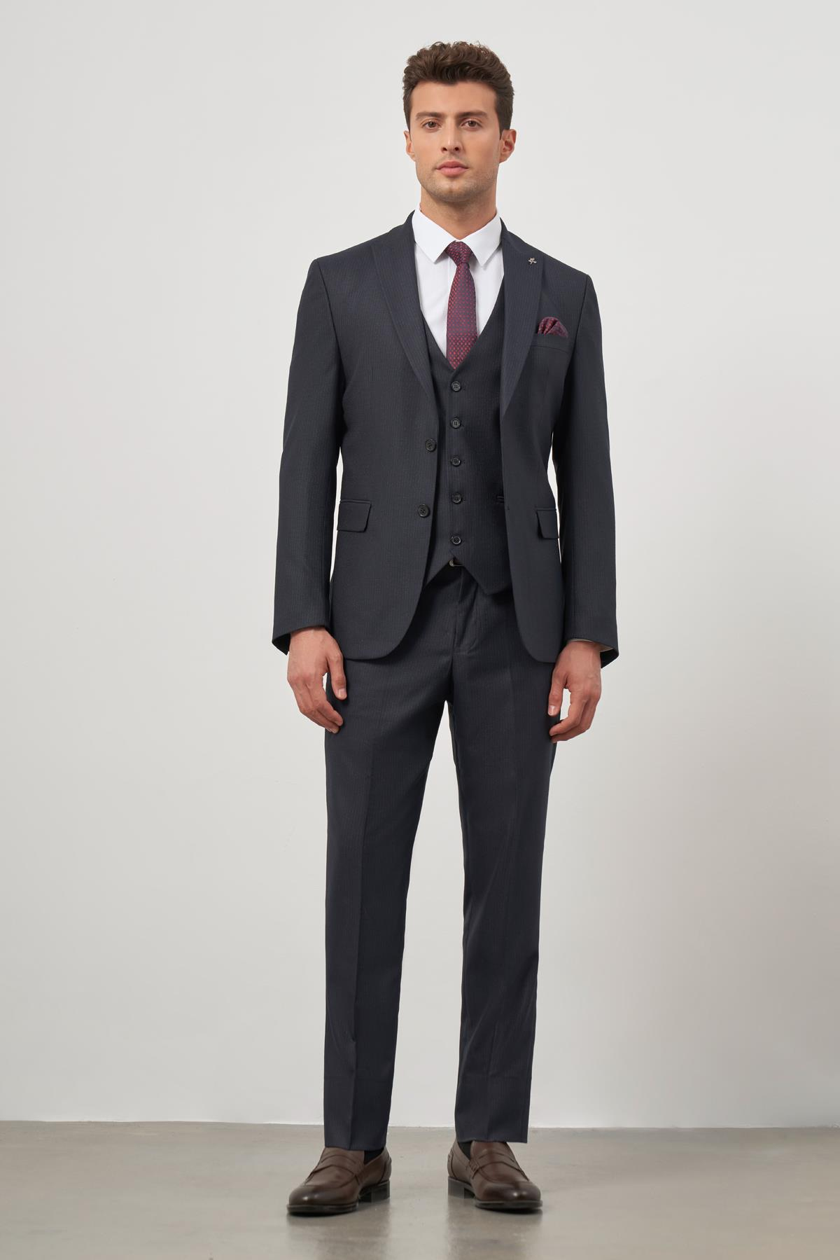 Lacivert Kırlangıç Yaka Çizgili Yelekli 6 Drop Slim Fit Tam Astar Yünlü Takım Elbise 1001245153