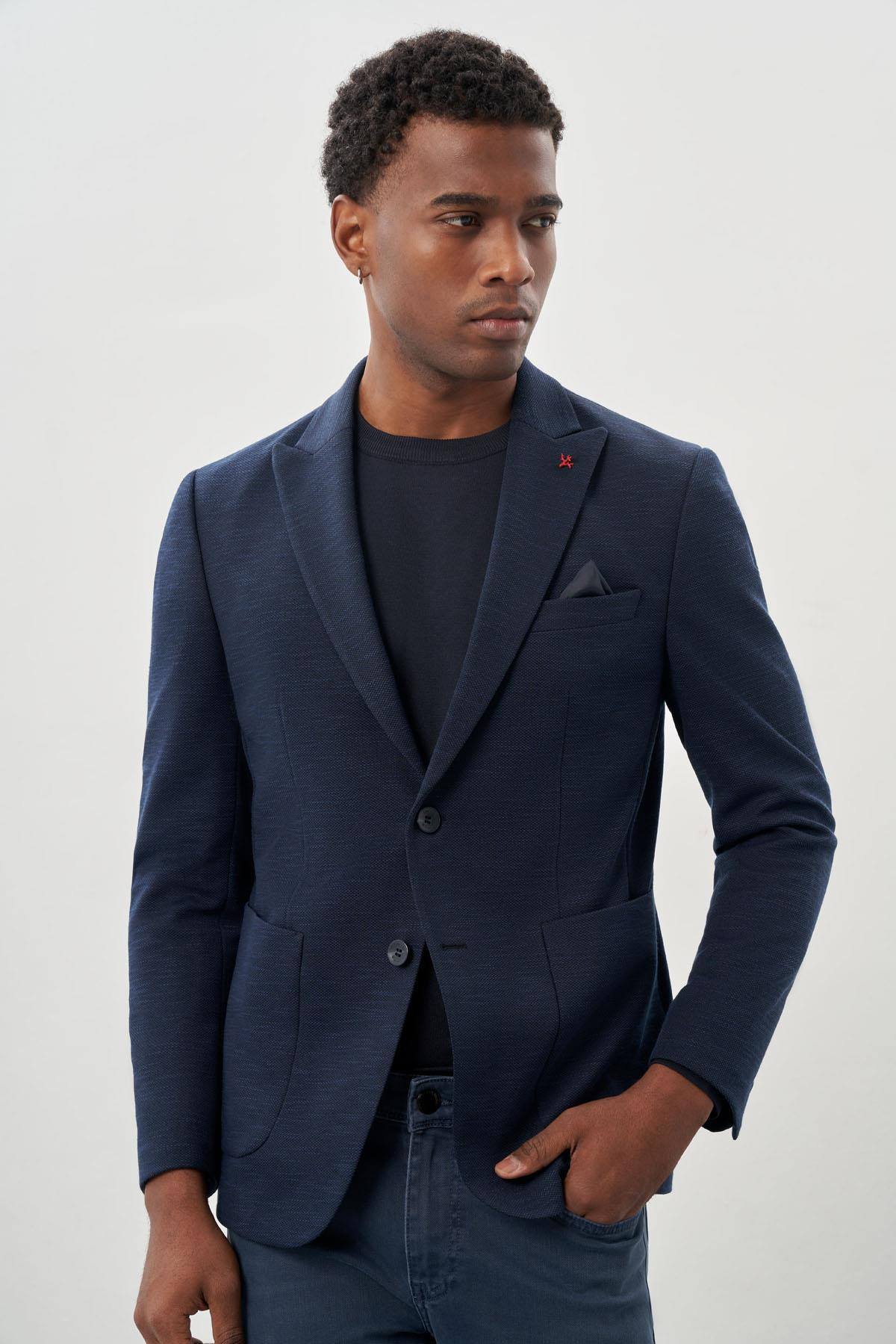 Lacivert  Örme Kılıç Yaka 6 Drop Slim Fit Ceket 1002245155