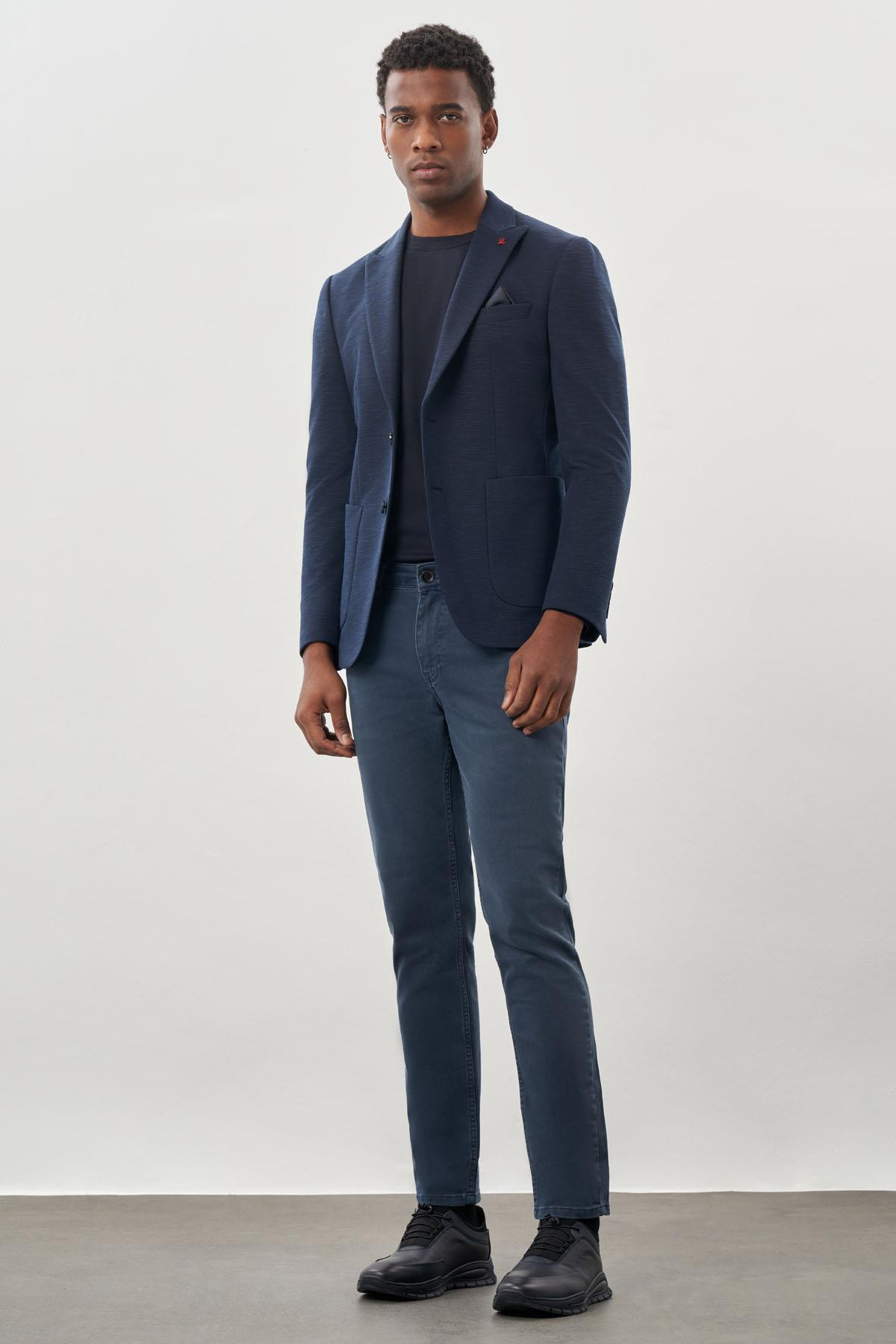 Lacivert  Örme Kılıç Yaka 6 Drop Slim Fit Ceket 1002245155