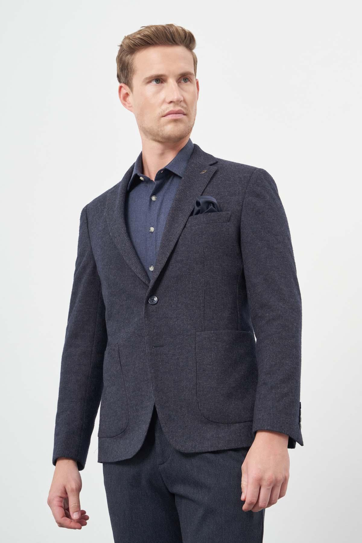 Lacivert Örme Mono Yaka 6 Drop Slim Fit Ceket 1002245151