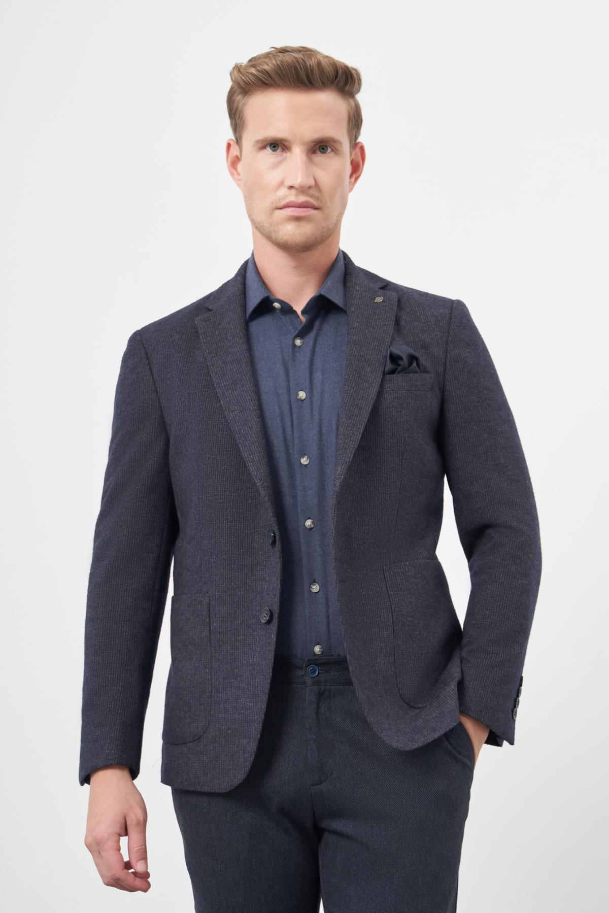 Lacivert Örme Mono Yaka 6 Drop Slim Fit Ceket 1002245151