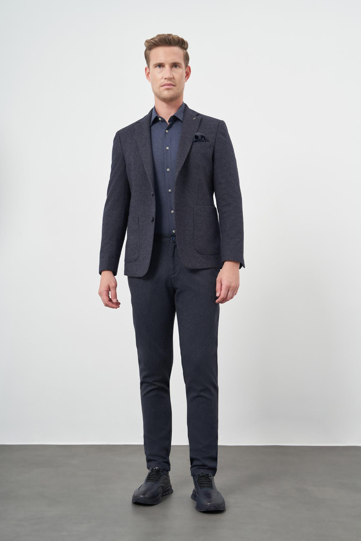 Lacivert Örme Mono Yaka 6 Drop Slim Fit Ceket 1002245151