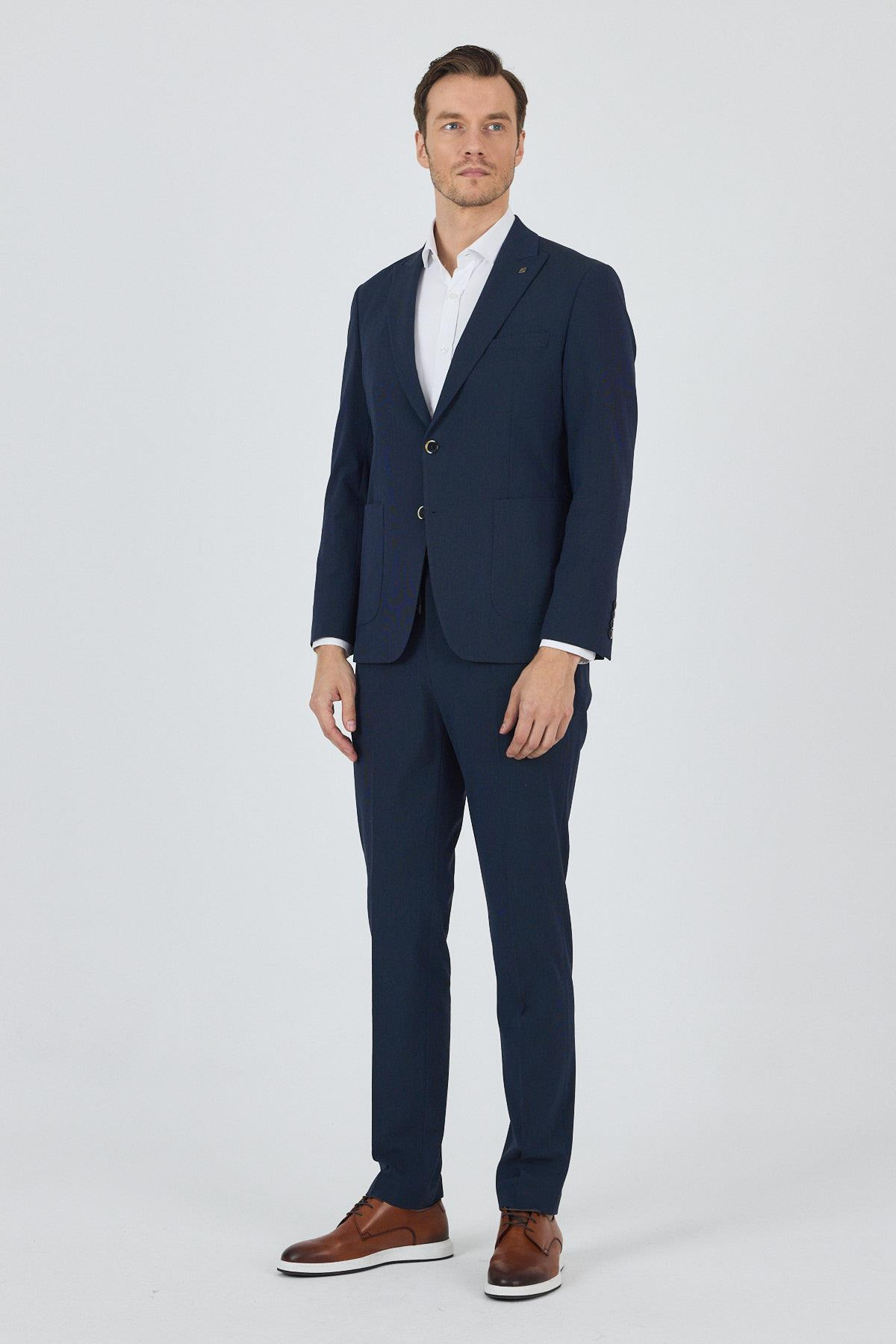 Lacivert Kırlangıç Yaka Çizgili Beli Lastikli 6 Drop Slim Fit Esnek Takım Elbise 1001250100