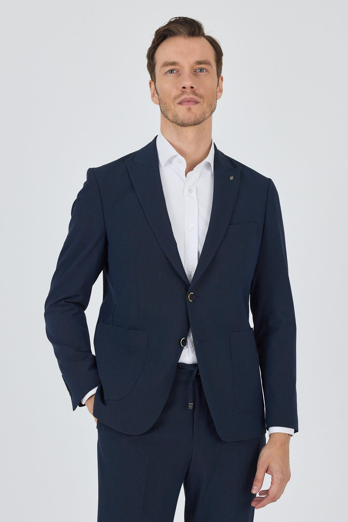 Lacivert Kırlangıç Yaka Çizgili Beli Lastikli 6 Drop Slim Fit Esnek Takım Elbise 1001250100