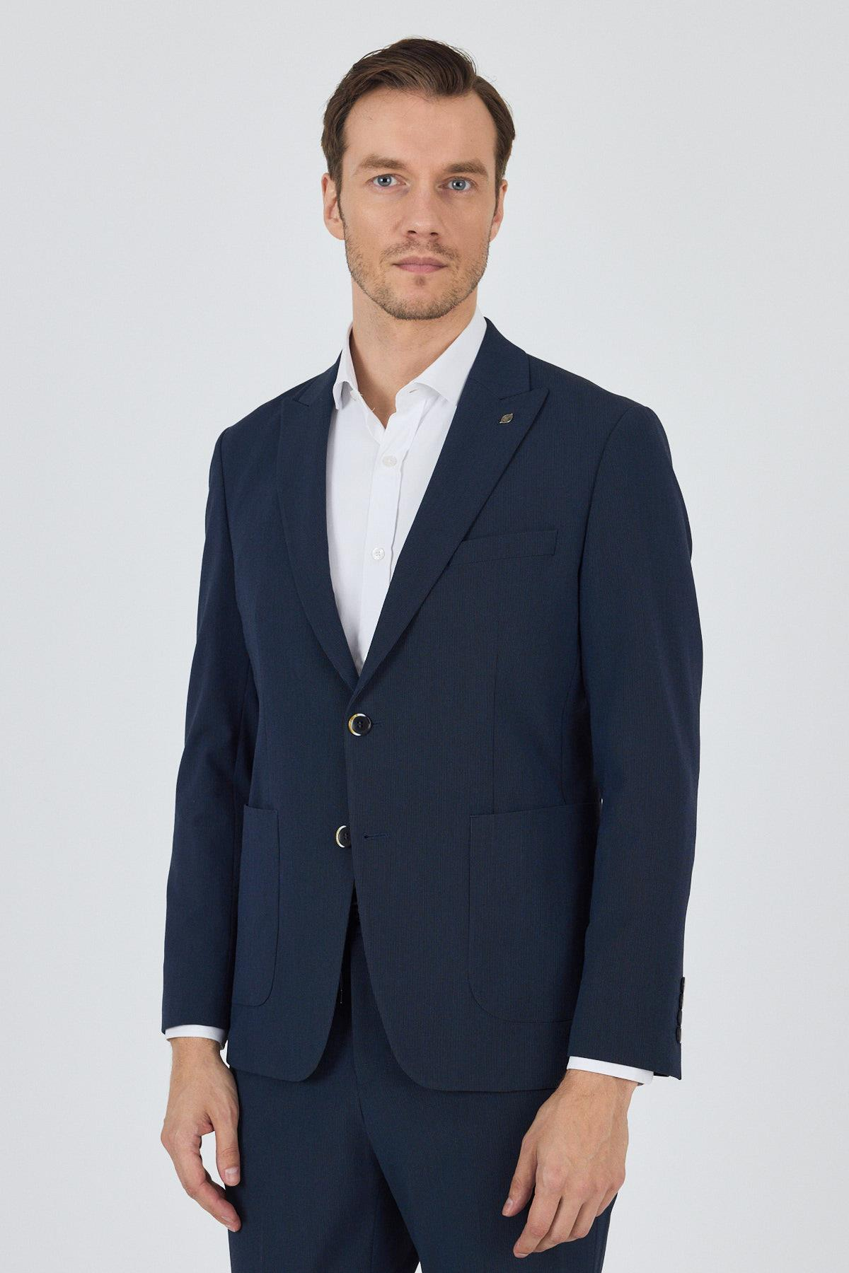 Lacivert Kırlangıç Yaka Çizgili Beli Lastikli 6 Drop Slim Fit Esnek Takım Elbise 1001250100