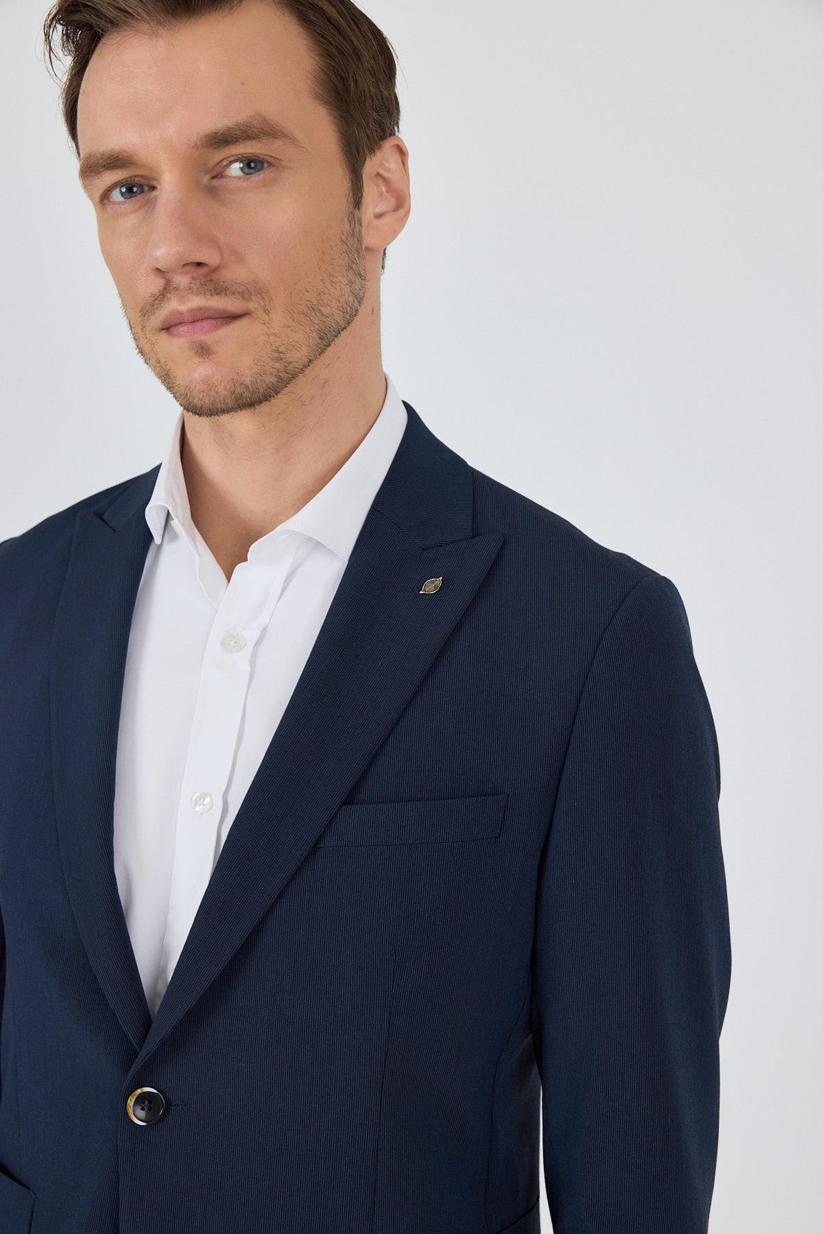 Lacivert Kırlangıç Yaka Çizgili Beli Lastikli 6 Drop Slim Fit Esnek Takım Elbise 1001250100