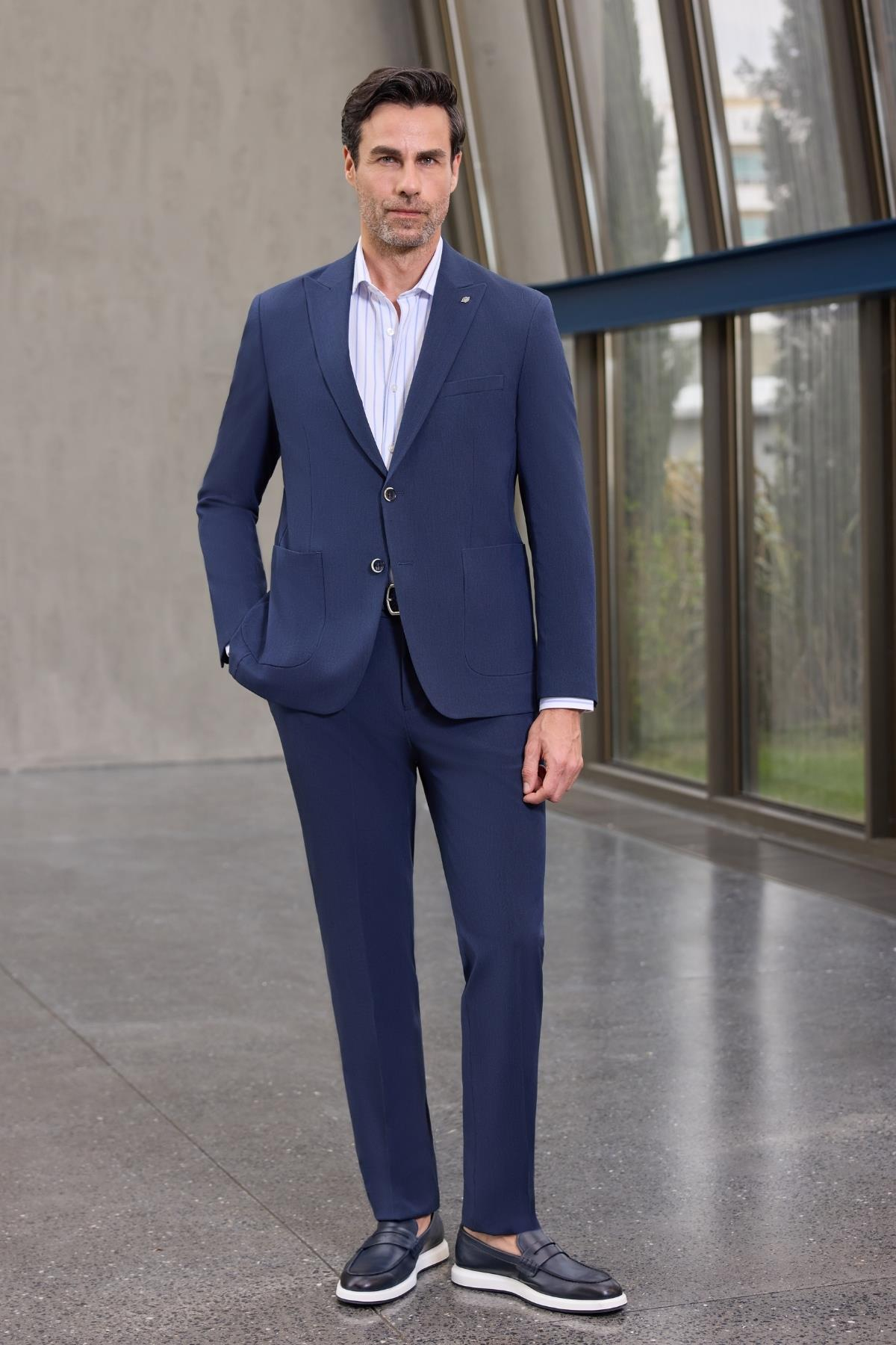 Lacivert Kırlangıç Yaka Çizgili Beli Lastikli 6 Drop Slim Fit Esnek Takım Elbise 1001250100