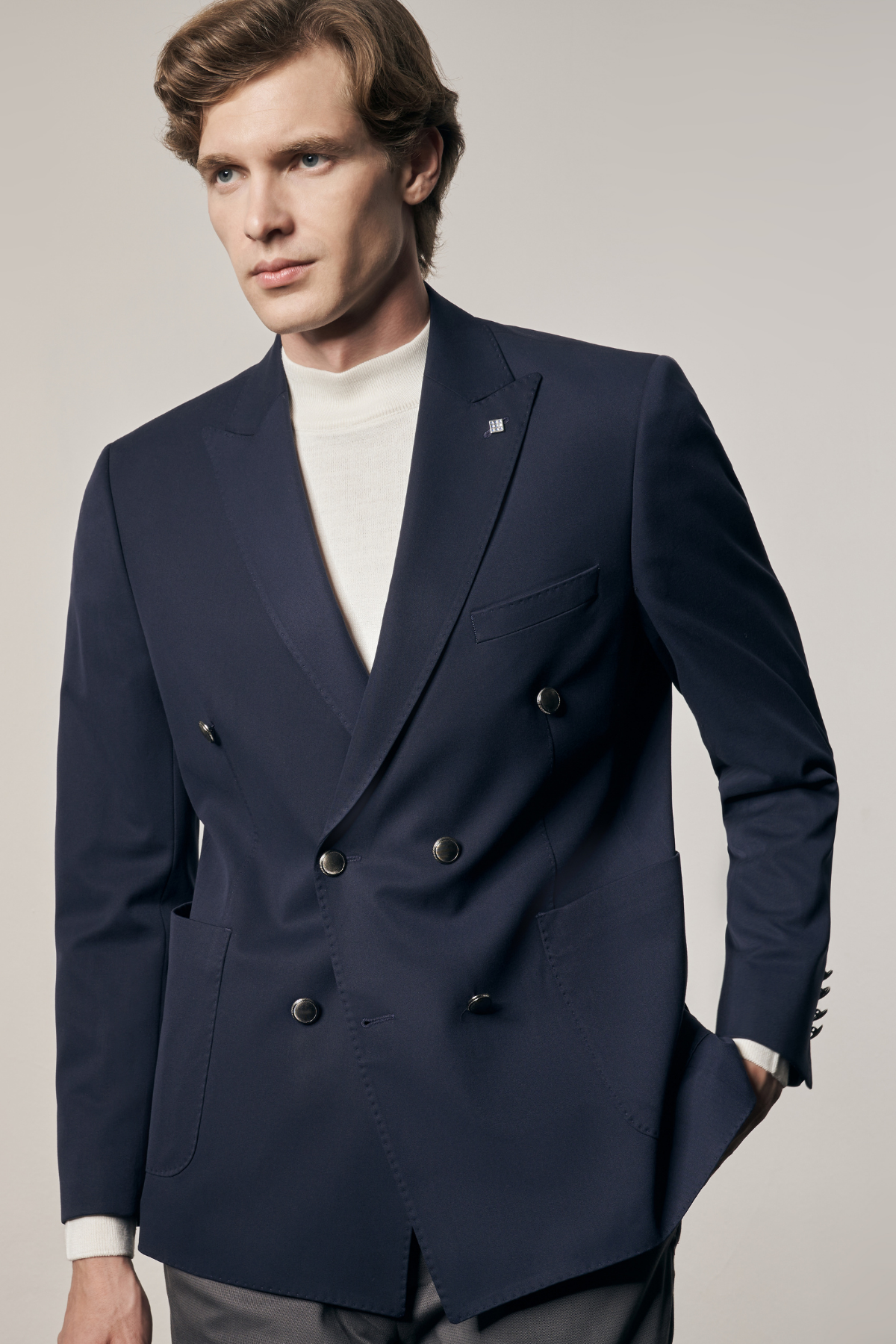 Lacivert Kılıç Yaka Pamuklu 6 Drop Slim Fit Classic Kruvaze Ceket 1002255113