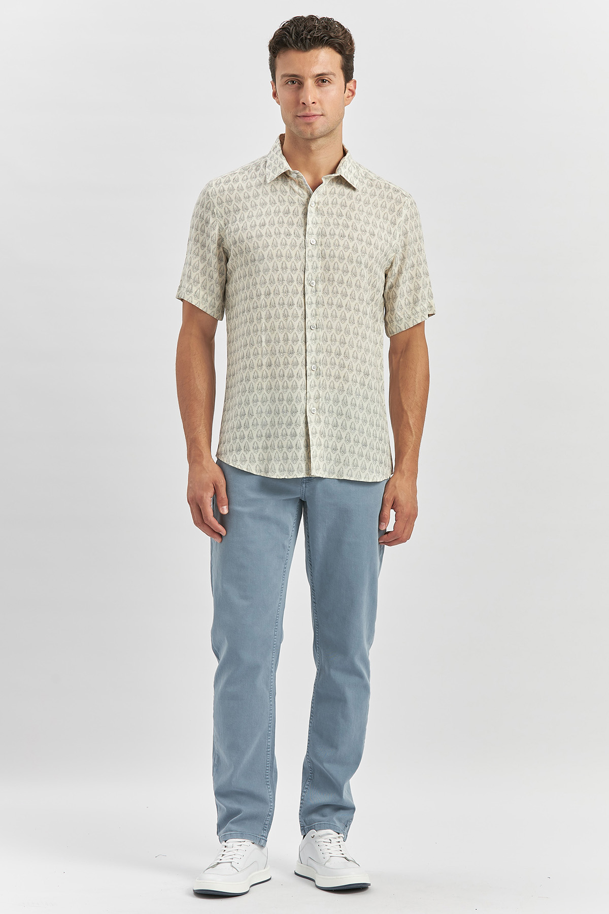 Lacivert Kısa Kollu Baskılı Düğmeli Yaka Keten Casual Slim Fit Dar Kesim Gömlek 1004240241