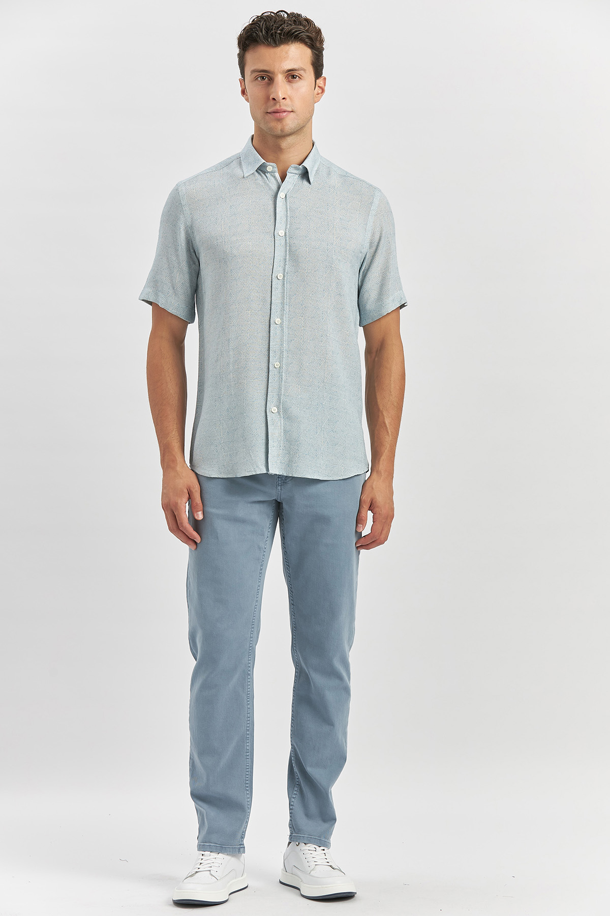 Lacivert Kısa Kollu Düğmeli Yaka Keten Karışımlı Slim Fit Gömlek 1004240242