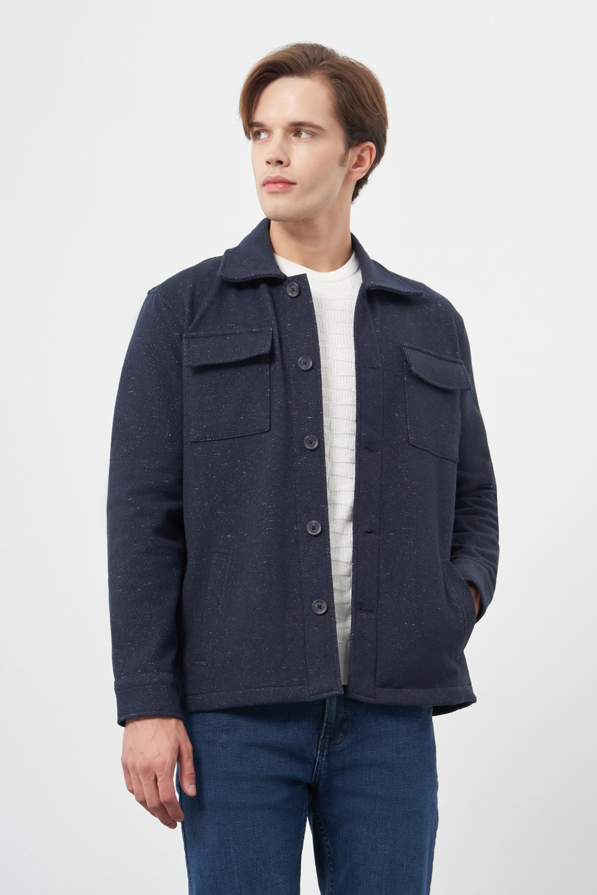 Lacivert Örme Polo Yaka Jakarlı Desen Yırtmaçsız Astarsız Slim Fit Classic Mont 1007245160