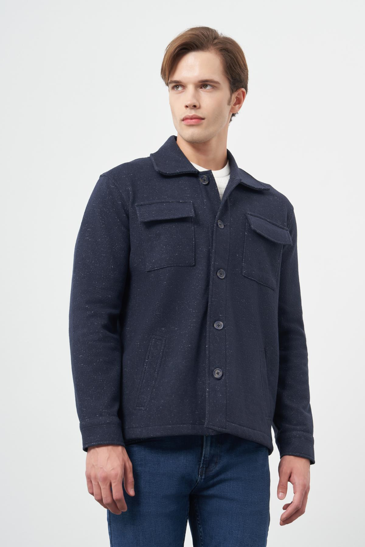 Lacivert Örme Polo Yaka Jakarlı Desen Yırtmaçsız Astarsız Slim Fit Classic Mont 1007245160
