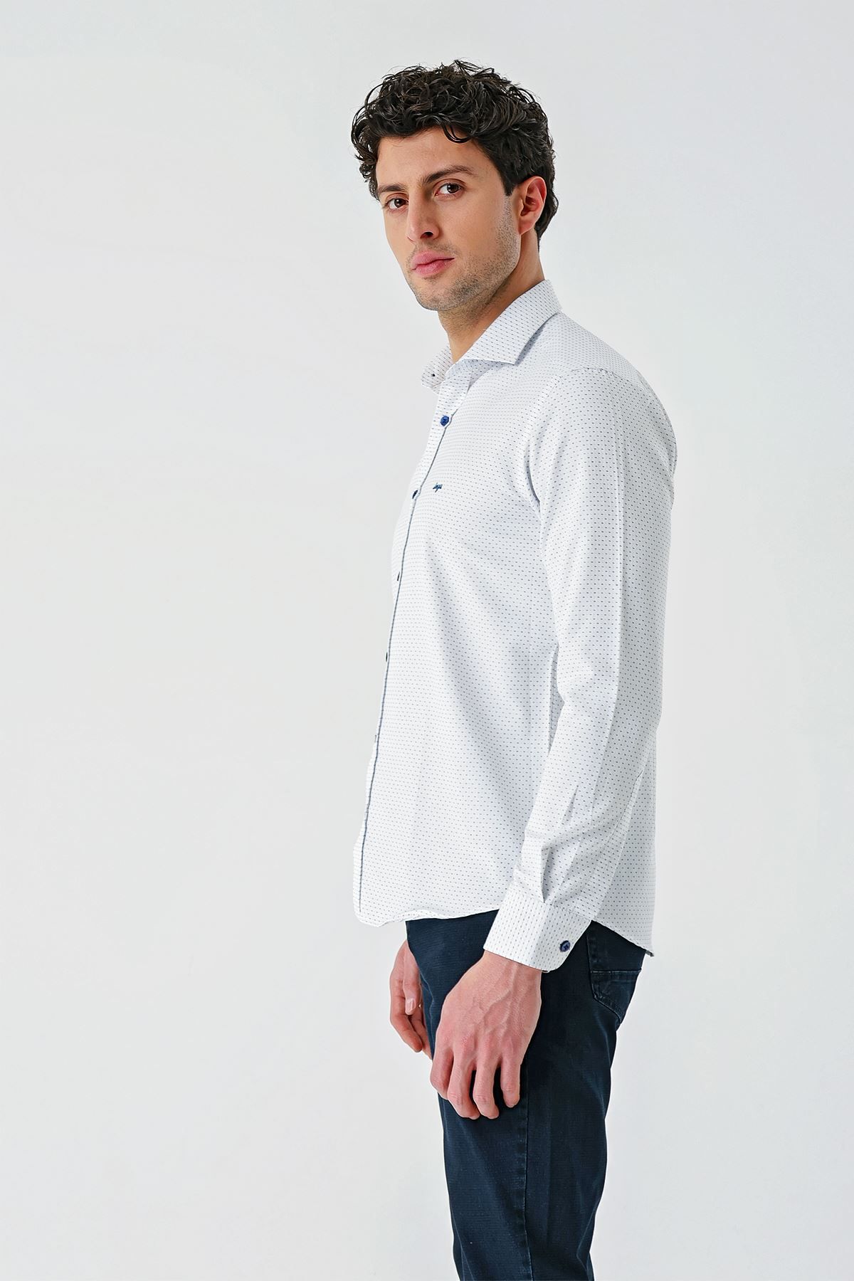 Lacivert Uzun Kollu Desenli Armürlü Cepsiz Pamuklu Klasik Slim Fit Dar Kesim Gömlek 1004240189
