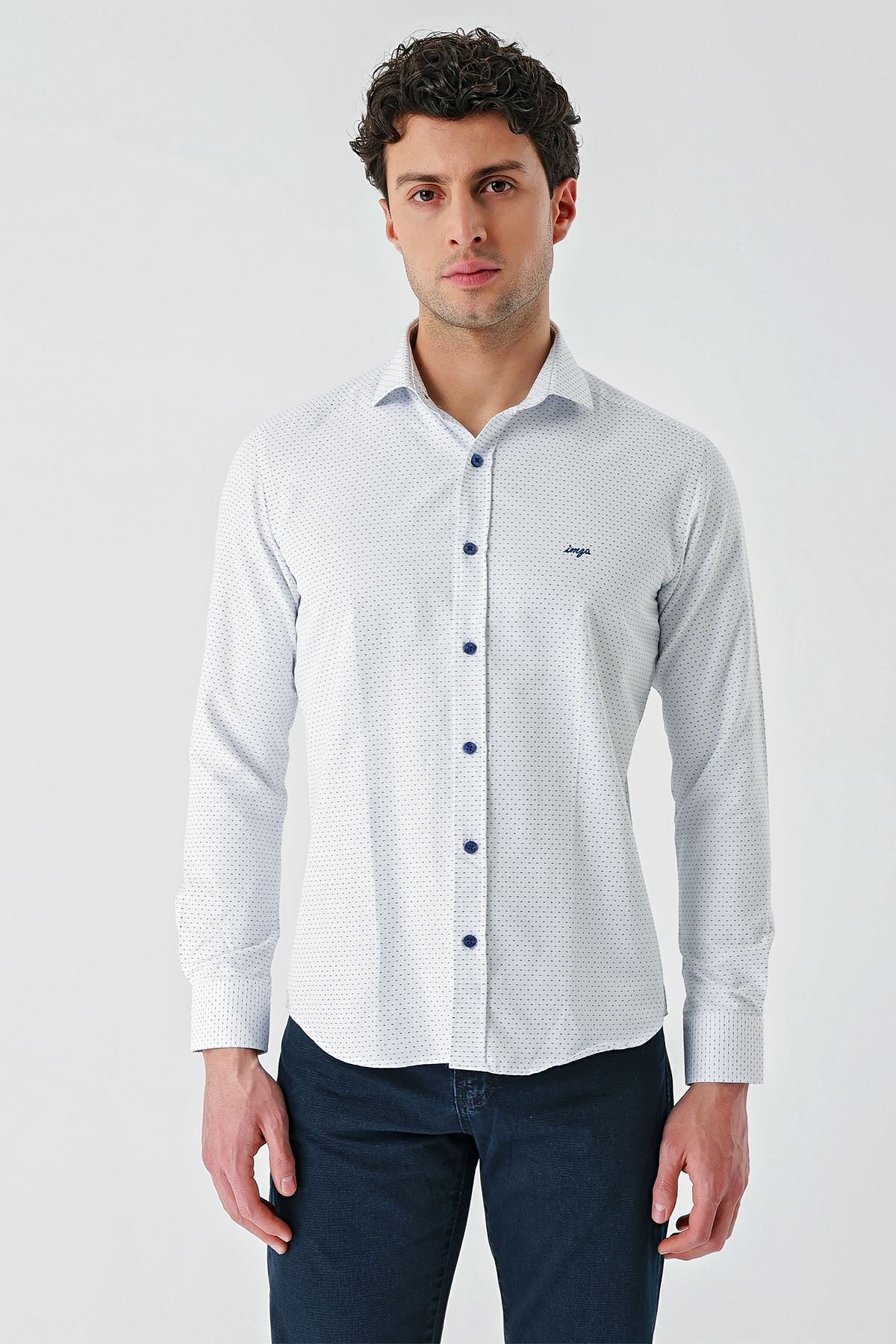 Lacivert Uzun Kollu Desenli Armürlü Cepsiz Pamuklu Klasik Slim Fit Dar Kesim Gömlek 1004240189