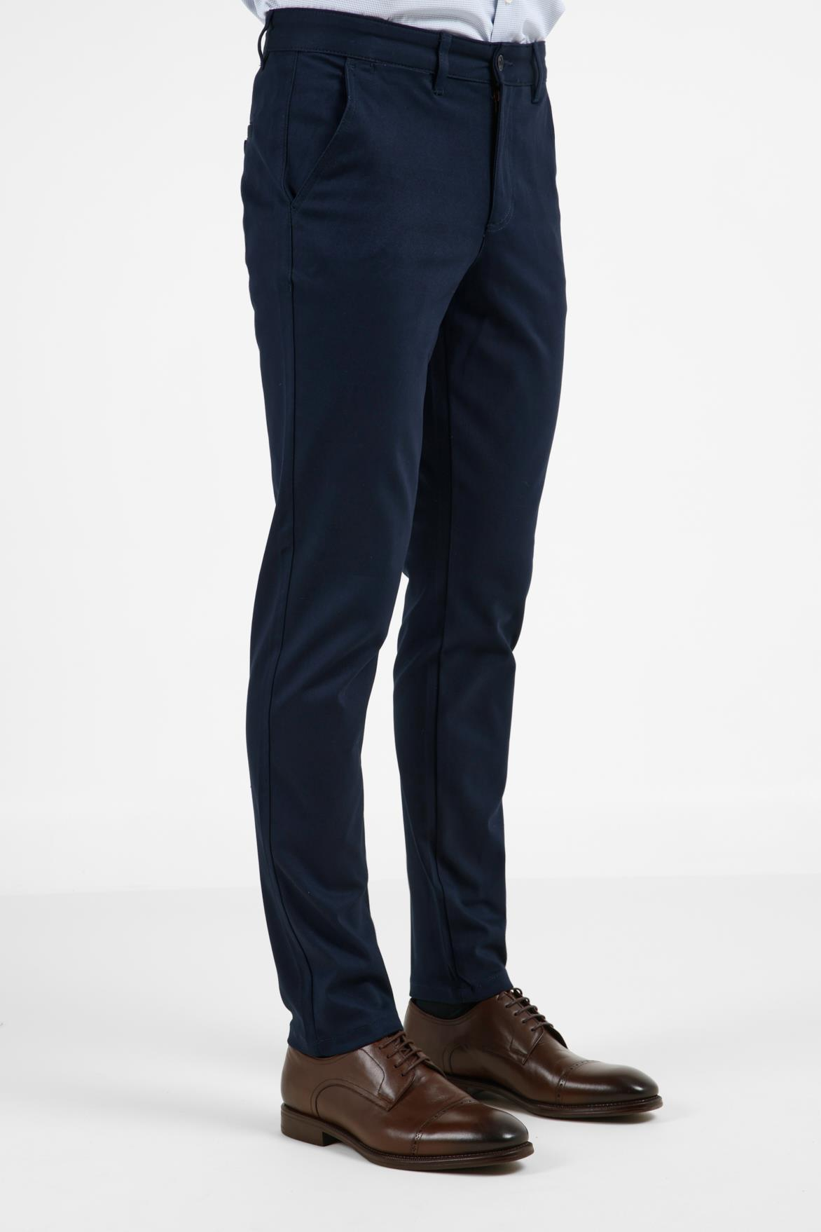 Lacivert Yan Cep Düz Paça Pamuklu Slim Fit Chino Casual Pantolon 1003255155