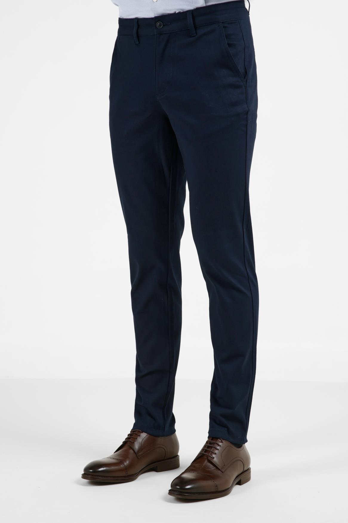 Lacivert Yan Cep Düz Paça Pamuklu Slim Fit Chino Casual Pantolon 1003255155