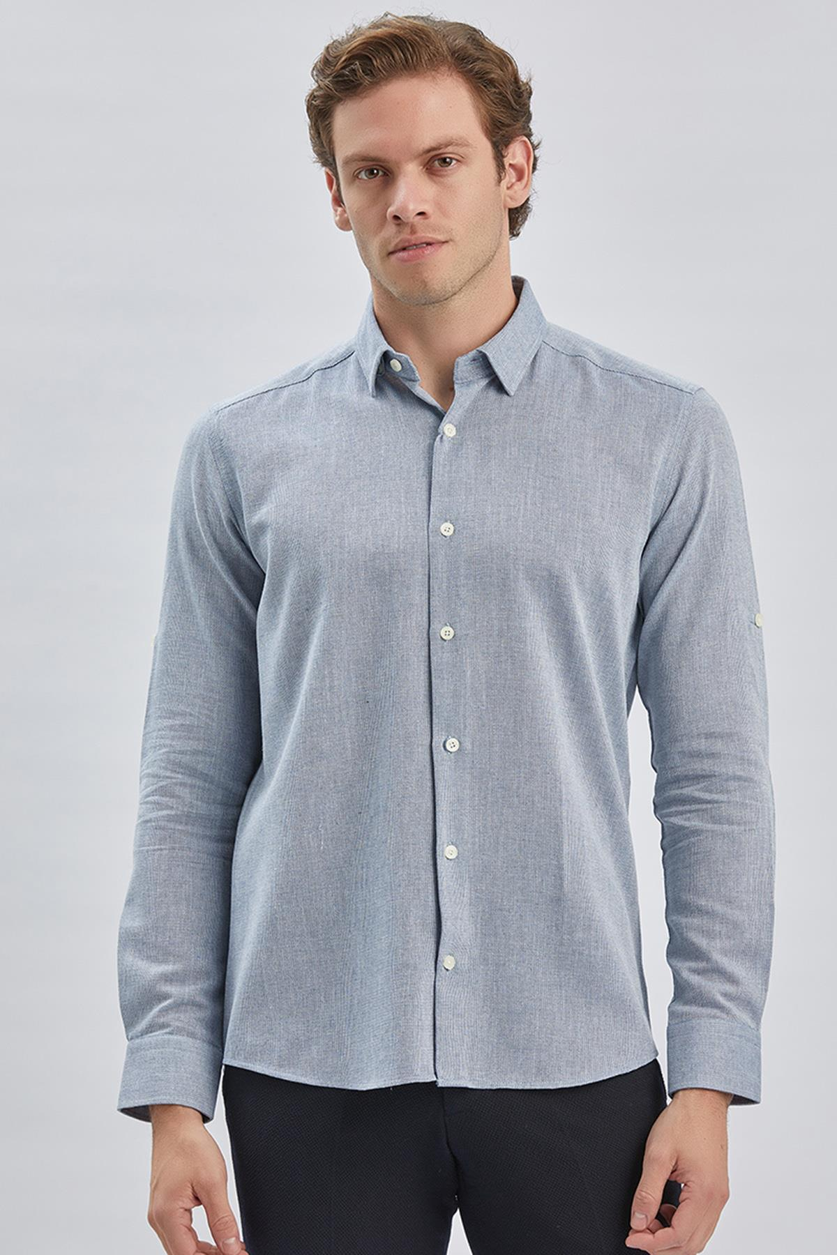 Mavi Uzun Kol Kendinden Desenli Armürlü Yarım İtalyan Yaka Classic Slim Fit Gömlek 1004240250